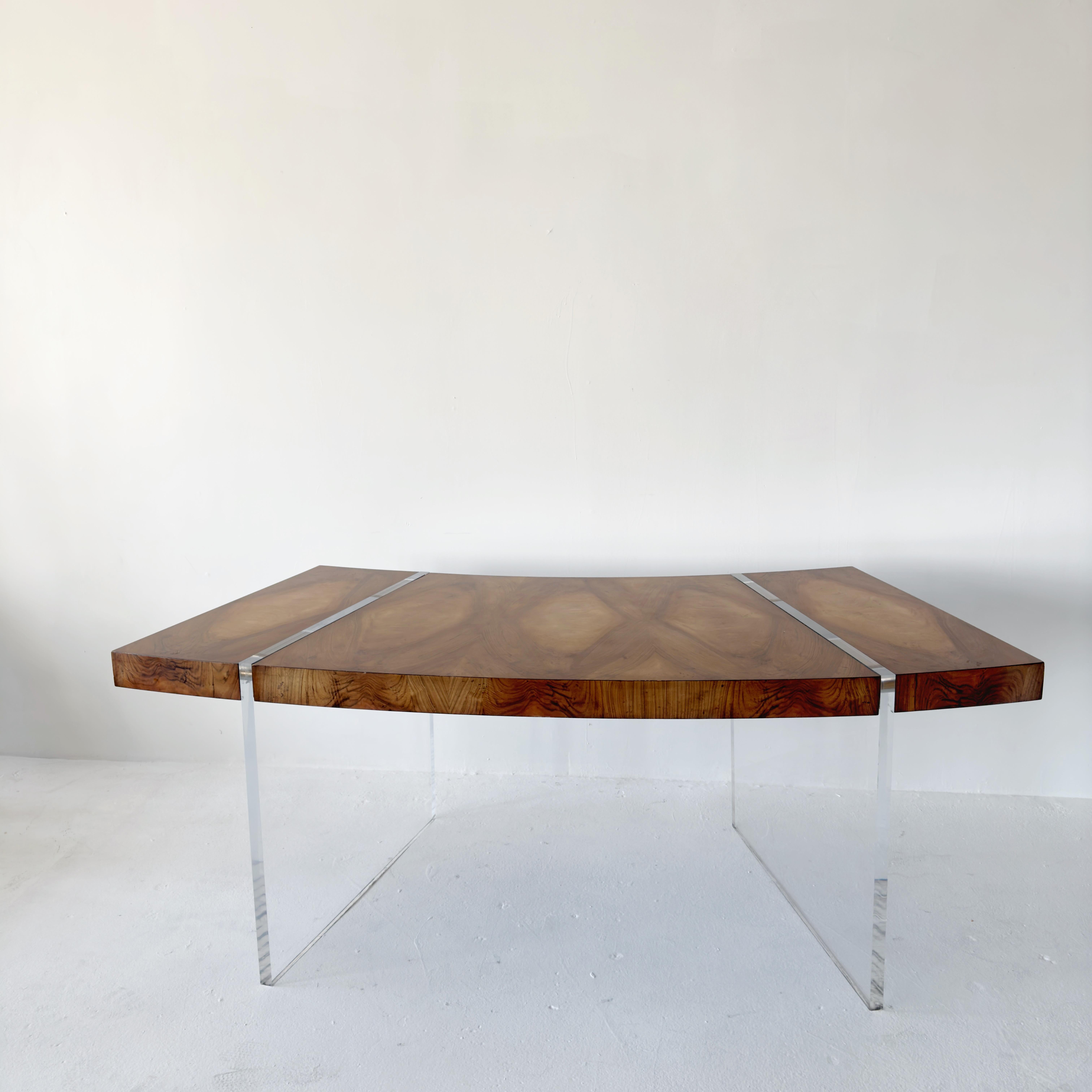 Acrylic Floating Curved Cerejeira Grain Desk with Lucite Legs