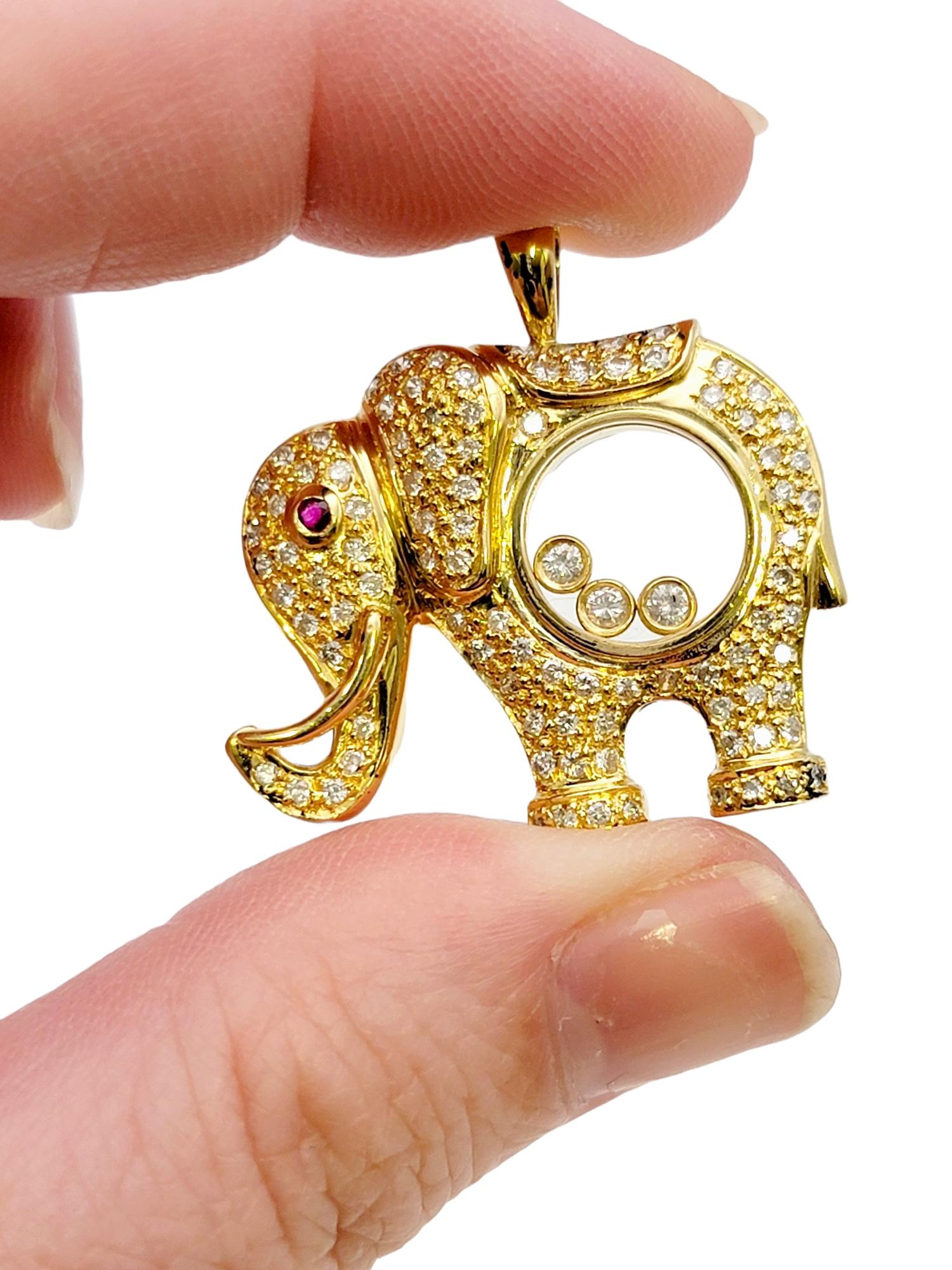 Floating Diamond and Pave Elephant Pendant with Ruby Eye in 18 Karat Yellow Gold 6