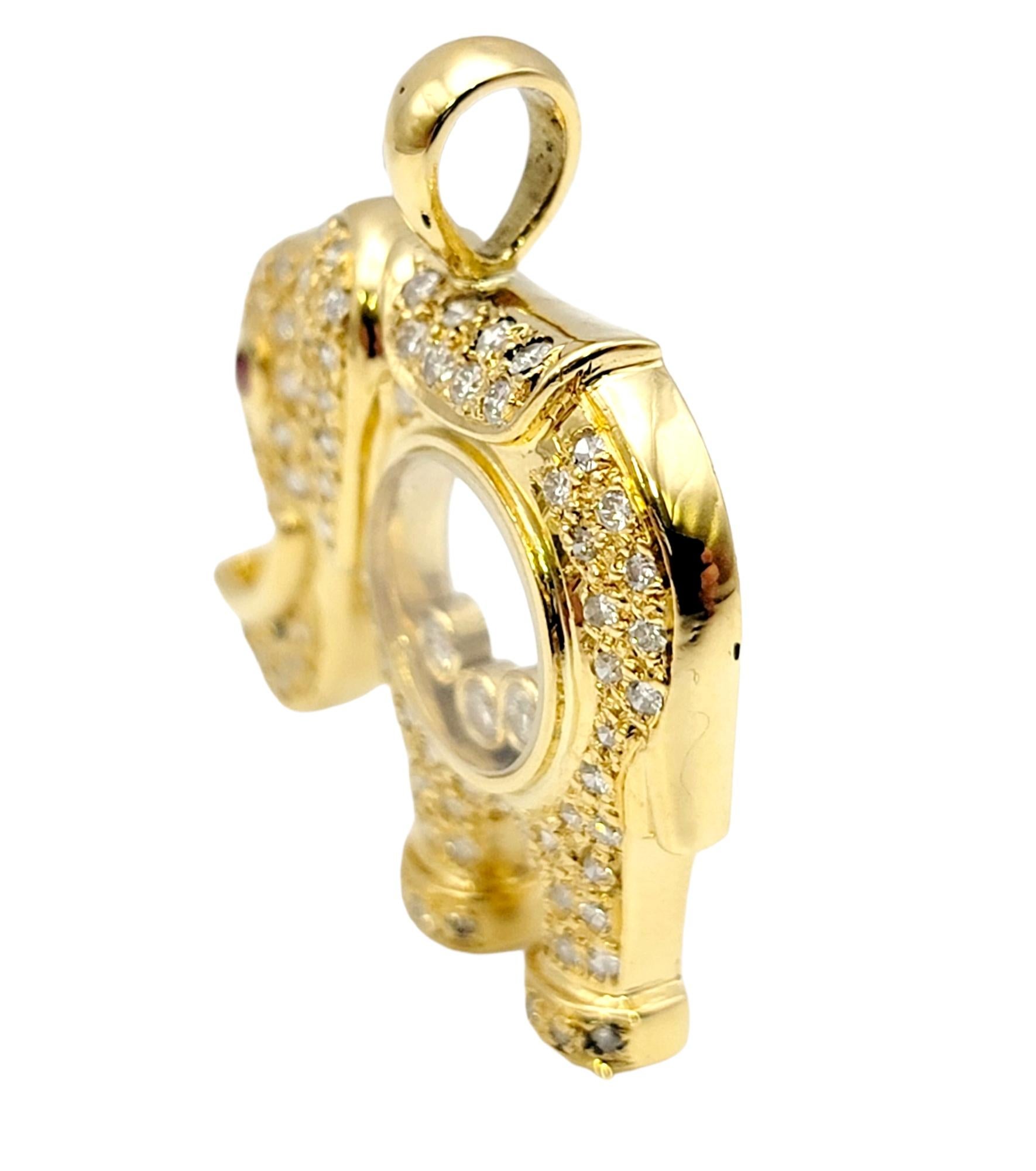 Contemporary Floating Diamond and Pave Elephant Pendant with Ruby Eye in 18 Karat Yellow Gold