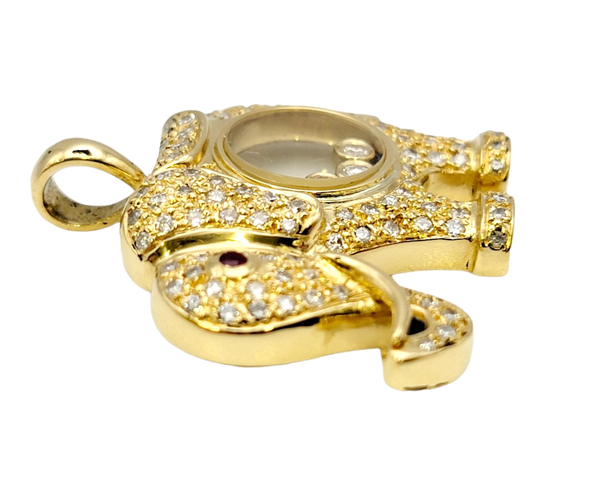 Women's or Men's Floating Diamond and Pave Elephant Pendant with Ruby Eye in 18 Karat Yellow Gold