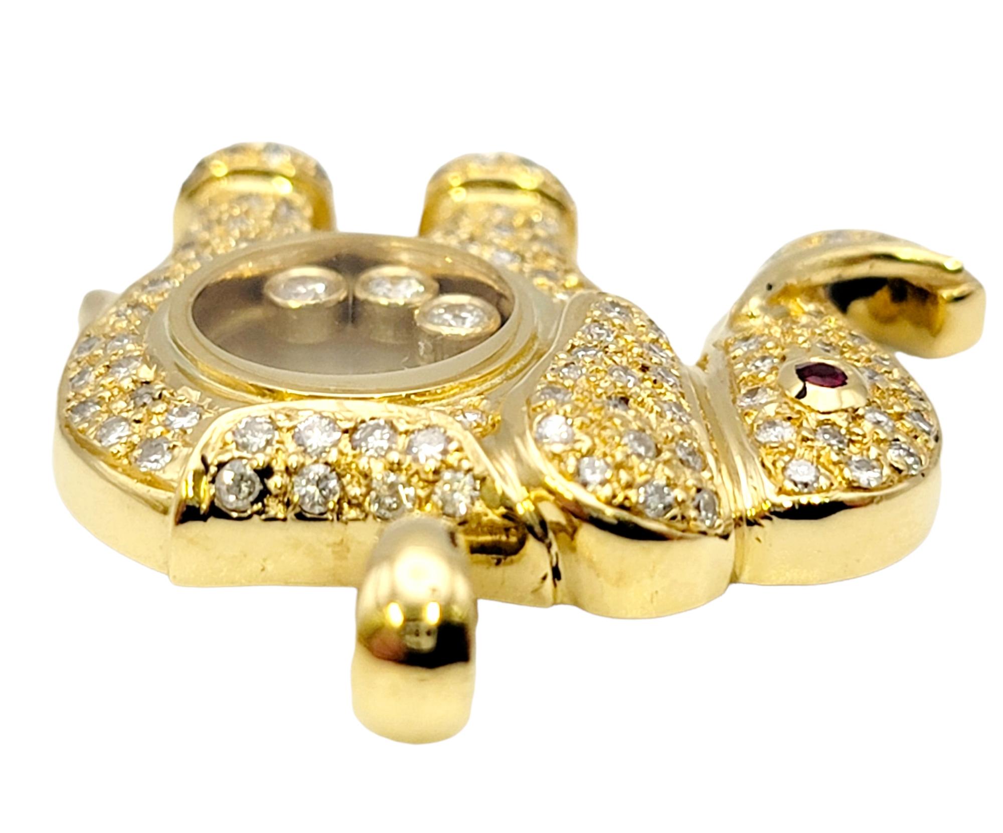 Floating Diamond and Pave Elephant Pendant with Ruby Eye in 18 Karat Yellow Gold 1