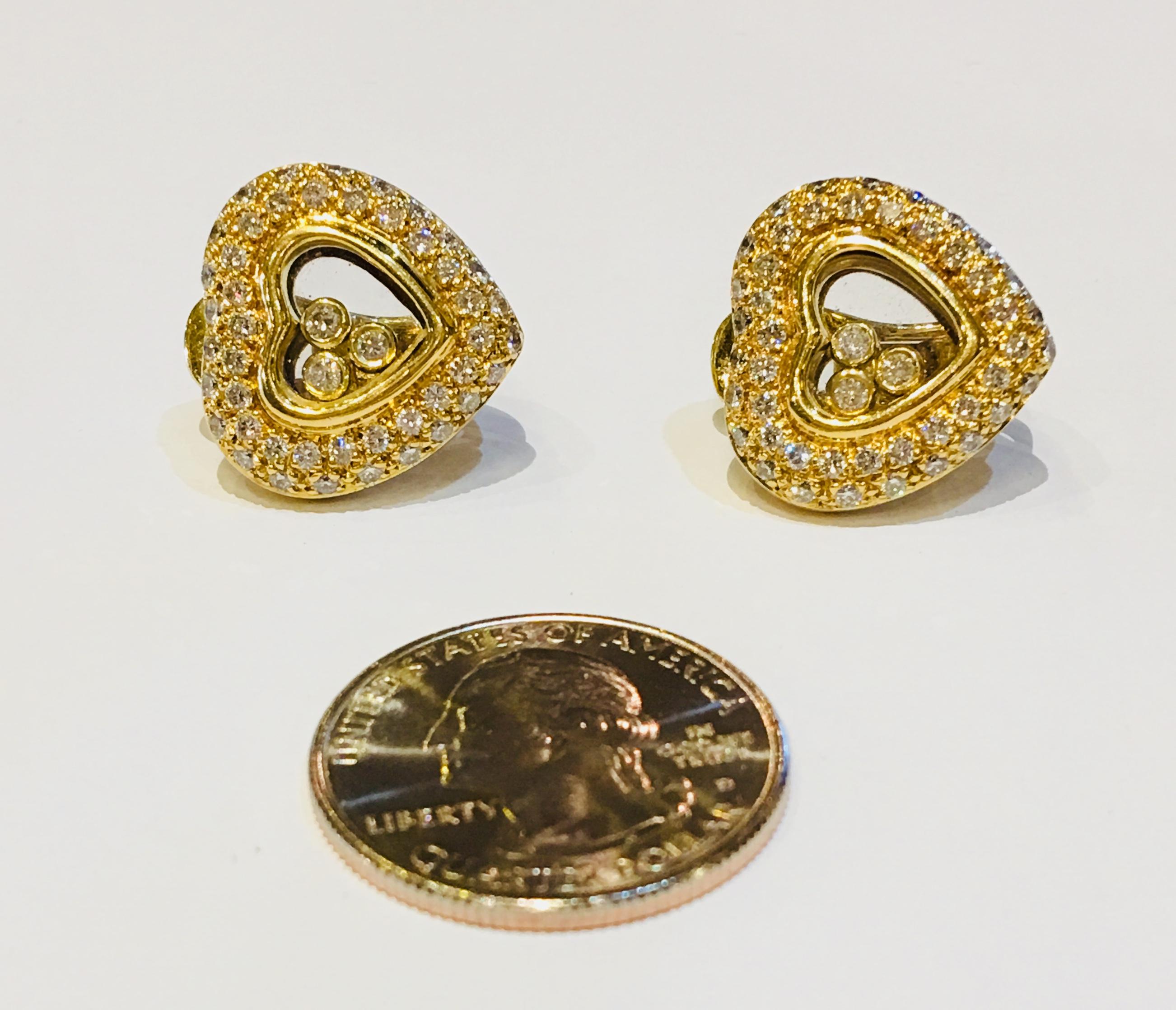 Contemporary Floating Happy Diamond Heart Shaped 18 Karat Yellow Gold Earrings