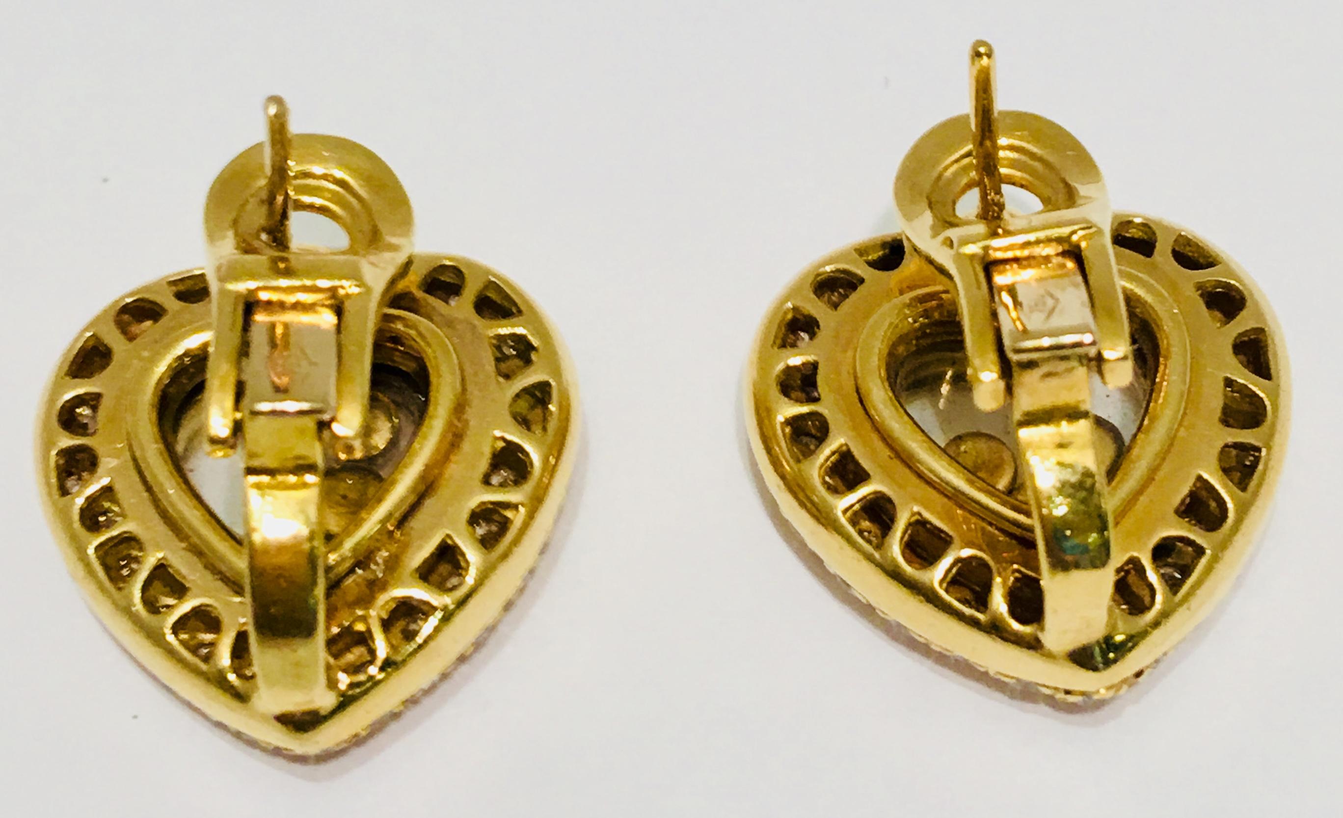 Round Cut Floating Happy Diamond Heart Shaped 18 Karat Yellow Gold Earrings