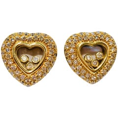 Floating Happy Diamond Heart Shaped 18 Karat Yellow Gold Earrings