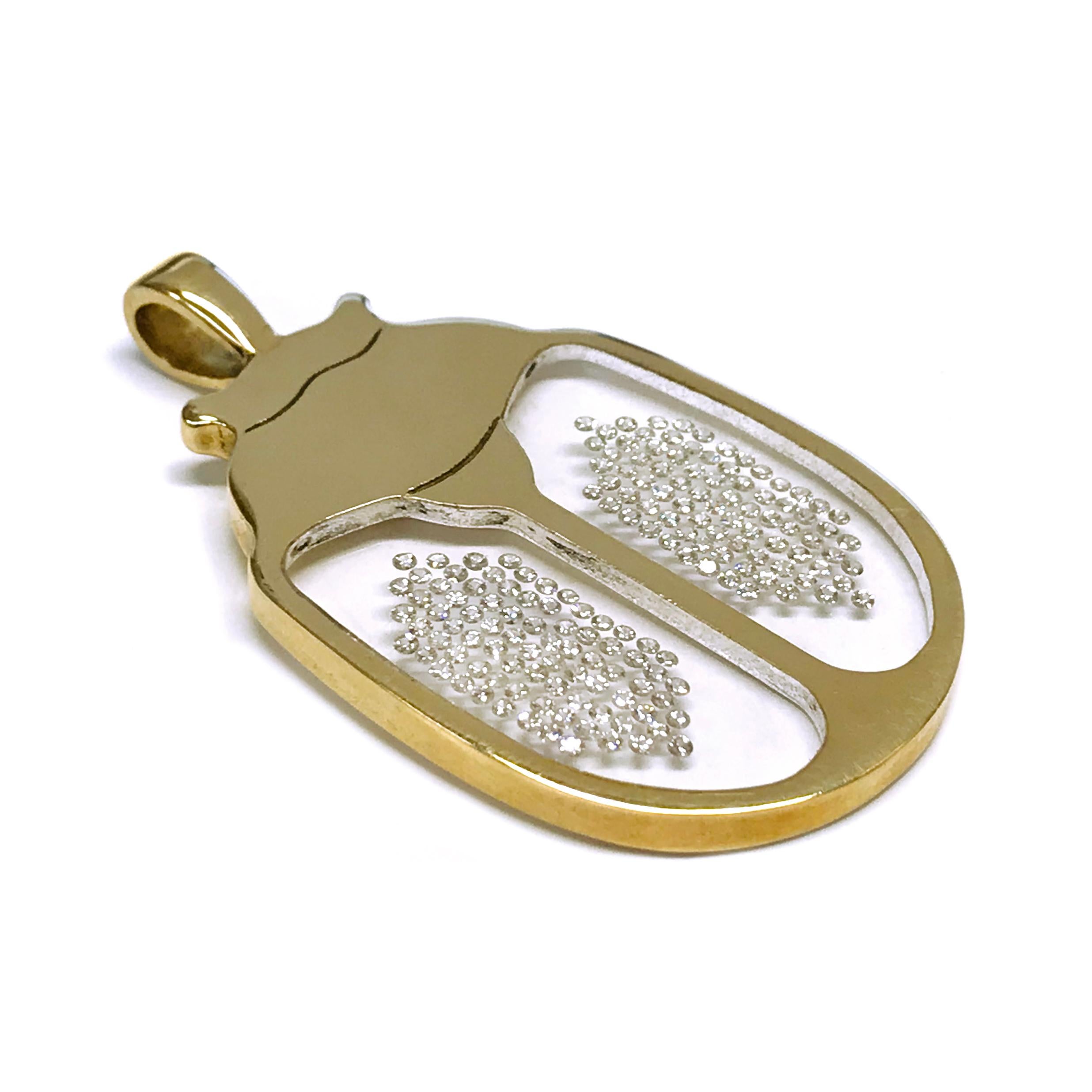 Incogem Floating Diamond Scarab/Lovebug/Ladybug Pendant: 14k Yellow Gold. The pendant is handcrafted of recycled 14k yellow gold. The diamonds are brilliant-cut, VS1 in clarity (G.I.A.), and H in color (G.I.A.). The 150 diamonds have a total carat