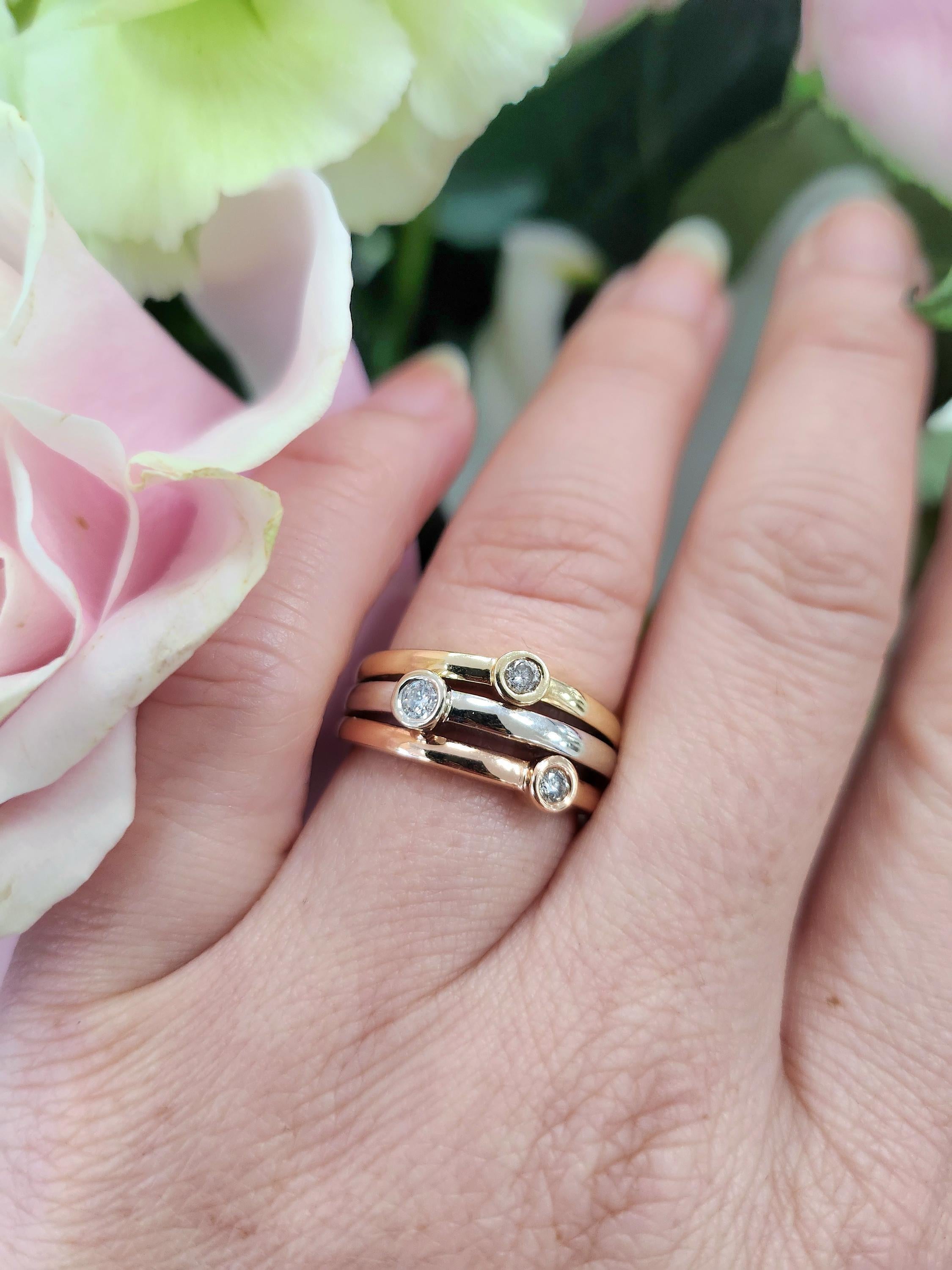 Modern Floating Diamonds Bezel Set 14 Karat Tri Gold 3 Row Ring Band Size 7.25 For Sale