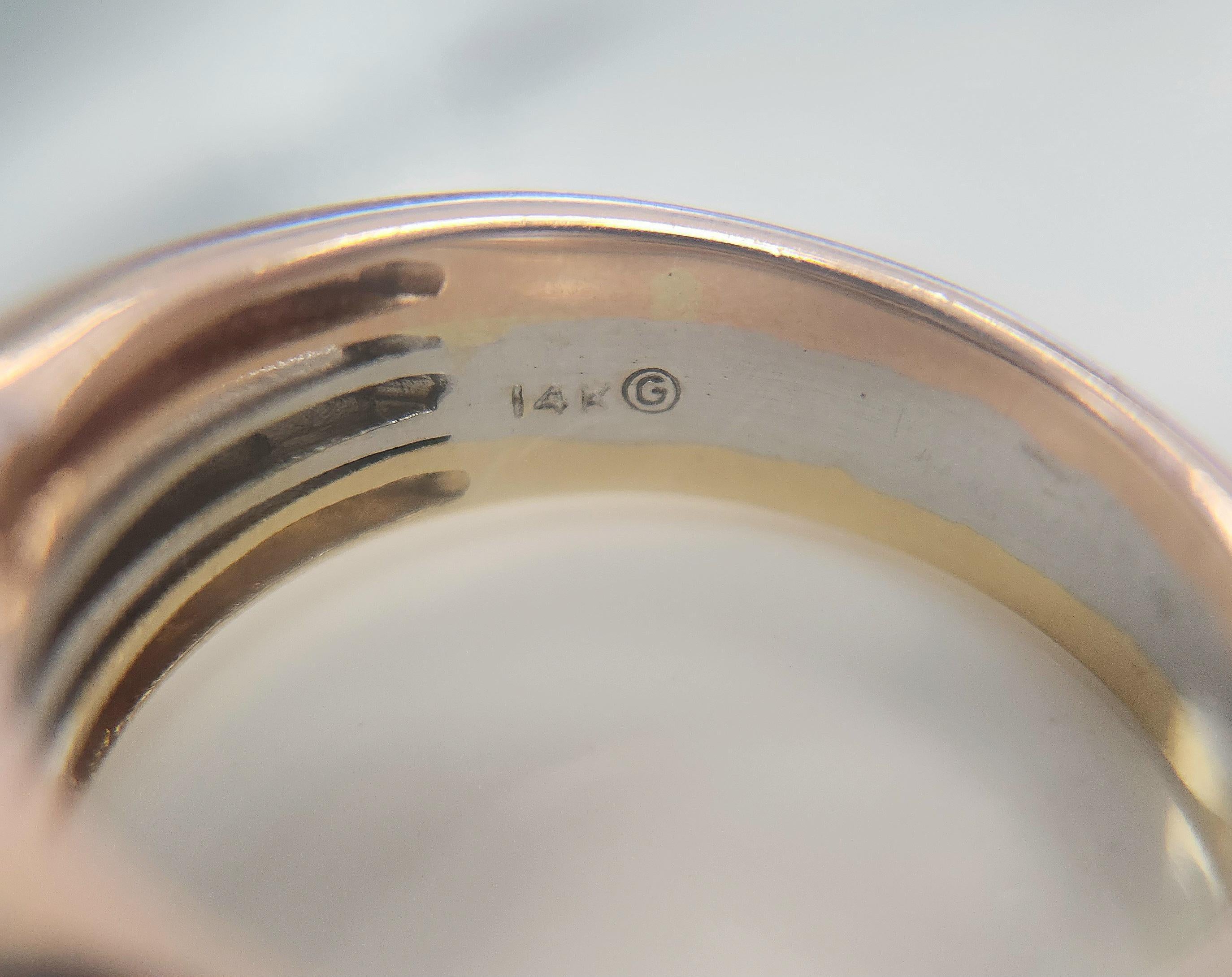 Floating Diamonds Bezel Set 14 Karat Tri Gold 3 Row Ring Band Size 7.25 For Sale 1