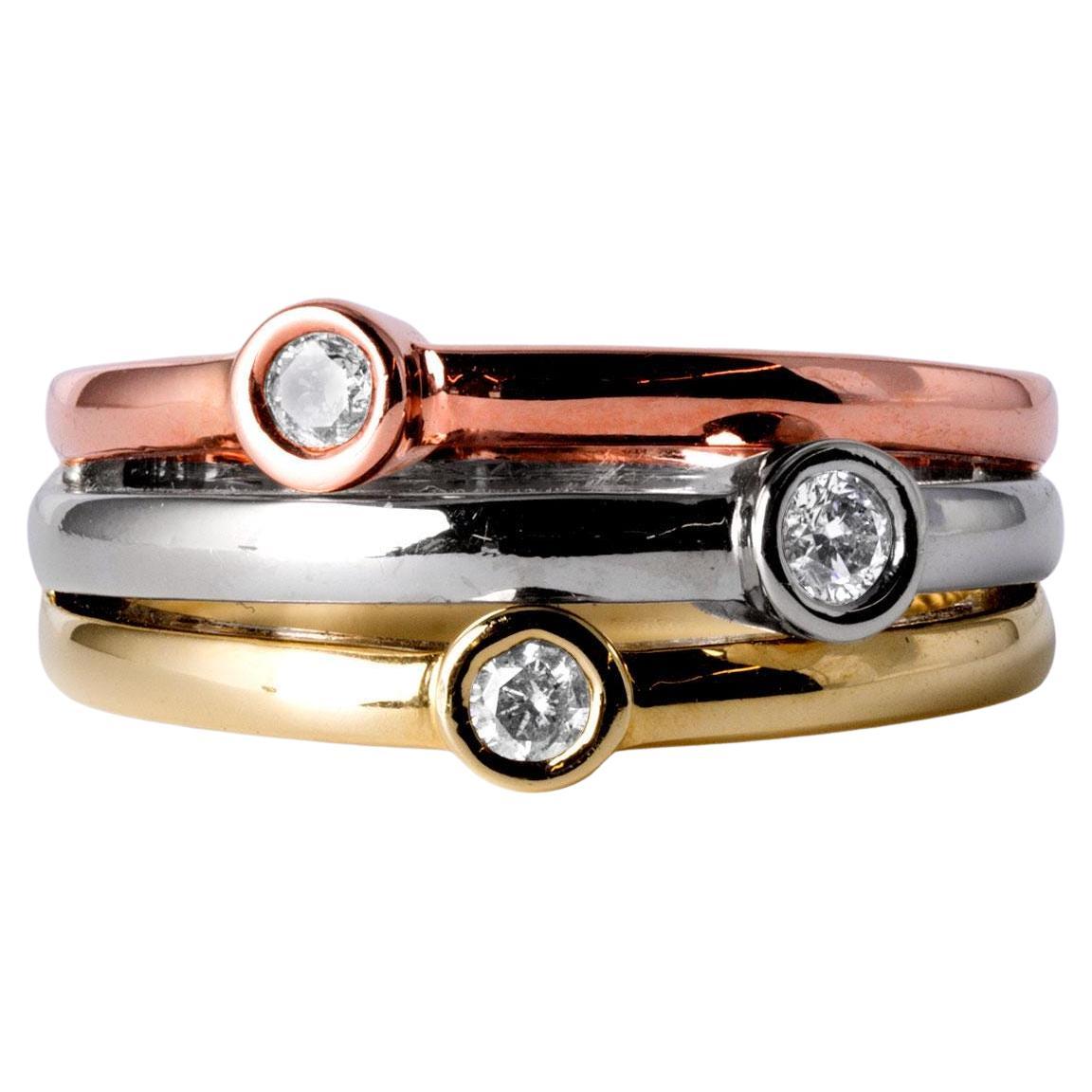 Floating Diamonds Bezel Set 14 Karat Tri Gold 3 Row Ring Band Size 7.25 For Sale