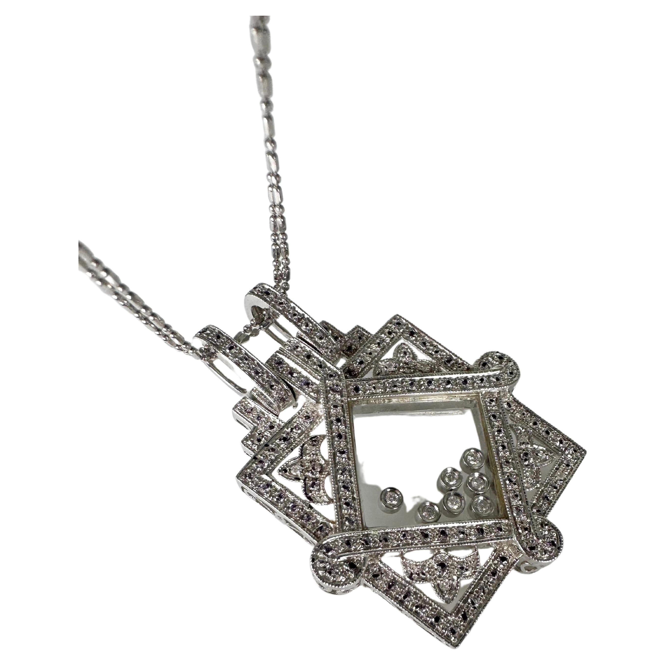 Beautiful diamonds pendant necklace, floating diamonds under the glass and long chain at 23