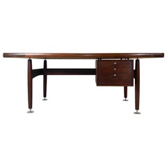 Floating Executive Walnut Desk w Leather Top & Steel Detail by Lehigh 