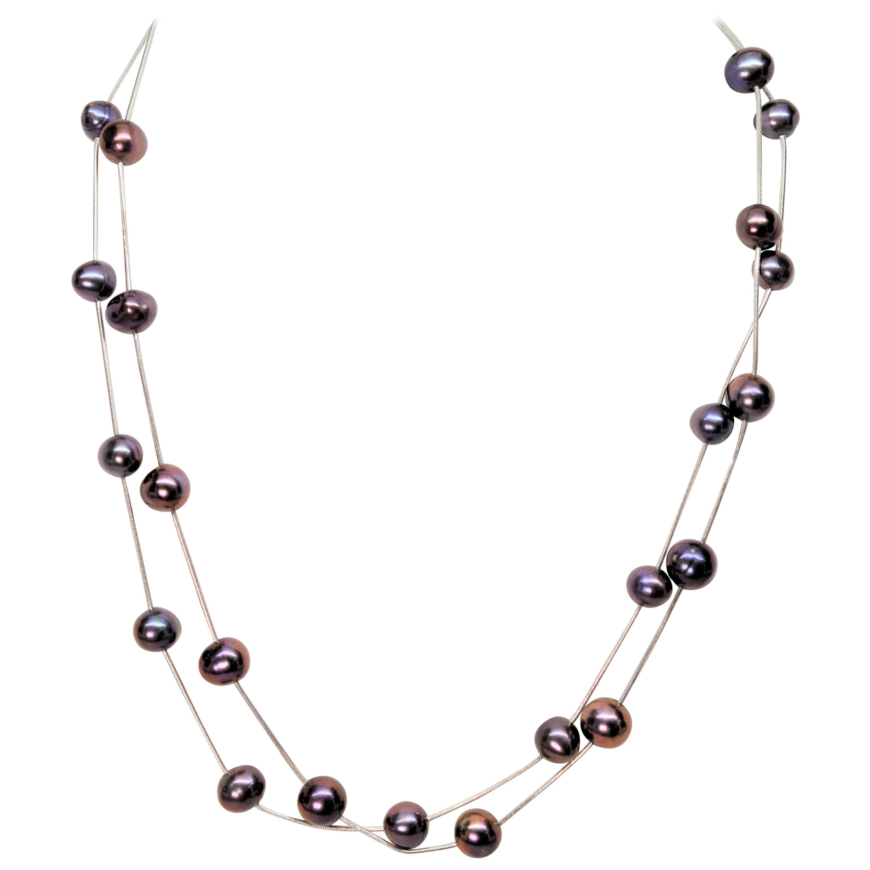 Floating Iridescent Akoya Pearl White Gold Necklace Duo