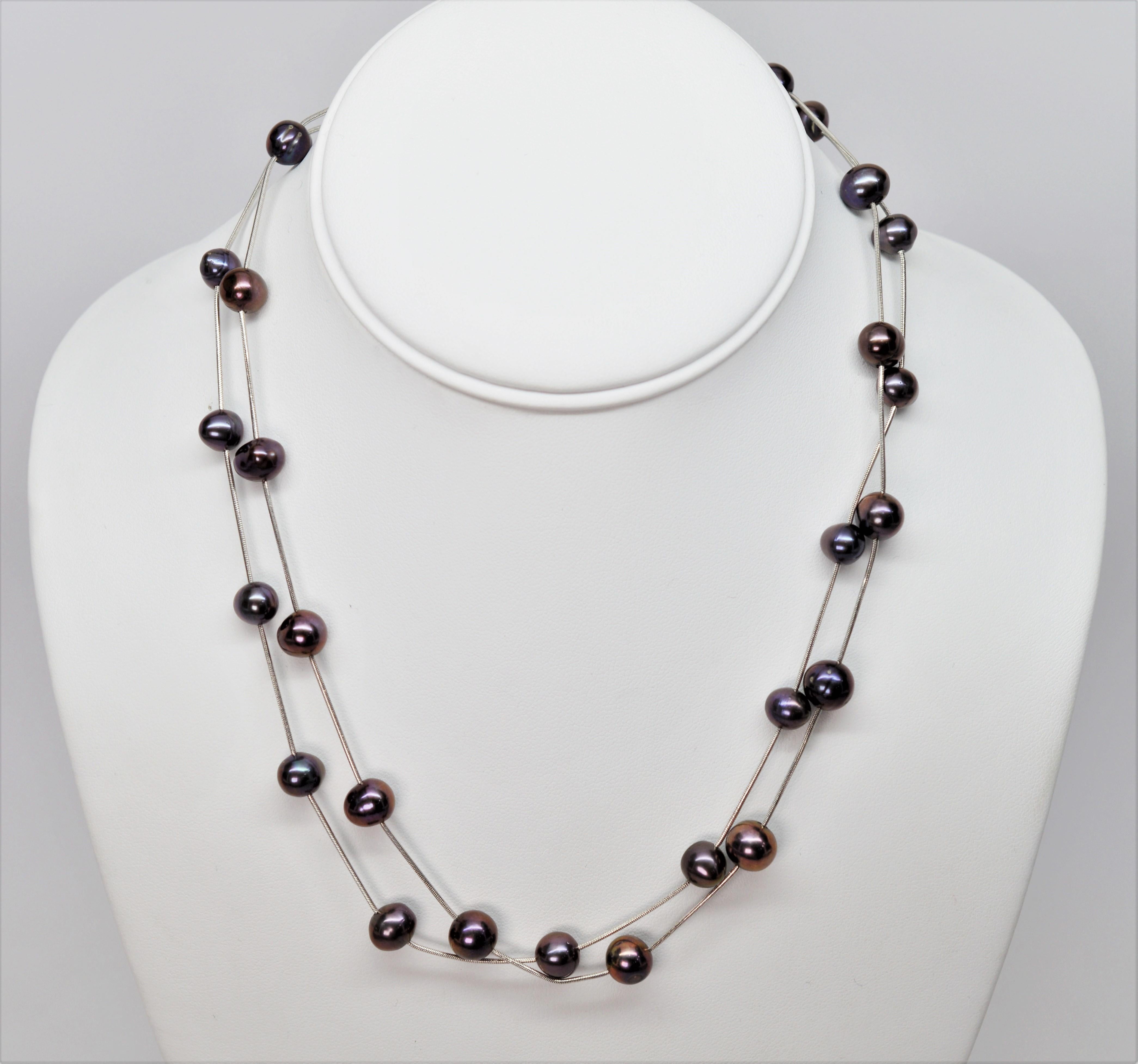 Mixed Cut Floating Iridescent Akoya Pearl White Gold Necklace Duo For Sale