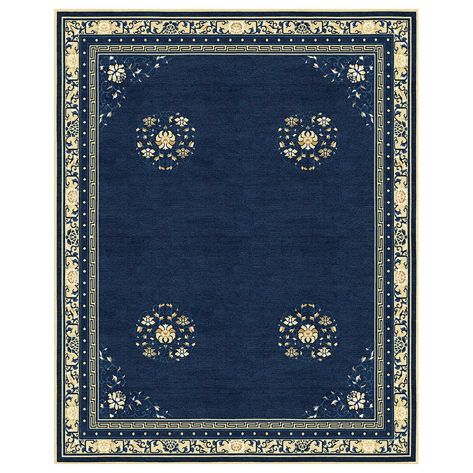 Floral Rug Chinese style Natural Wool Silk - Floating Lotus River Blue For Sale