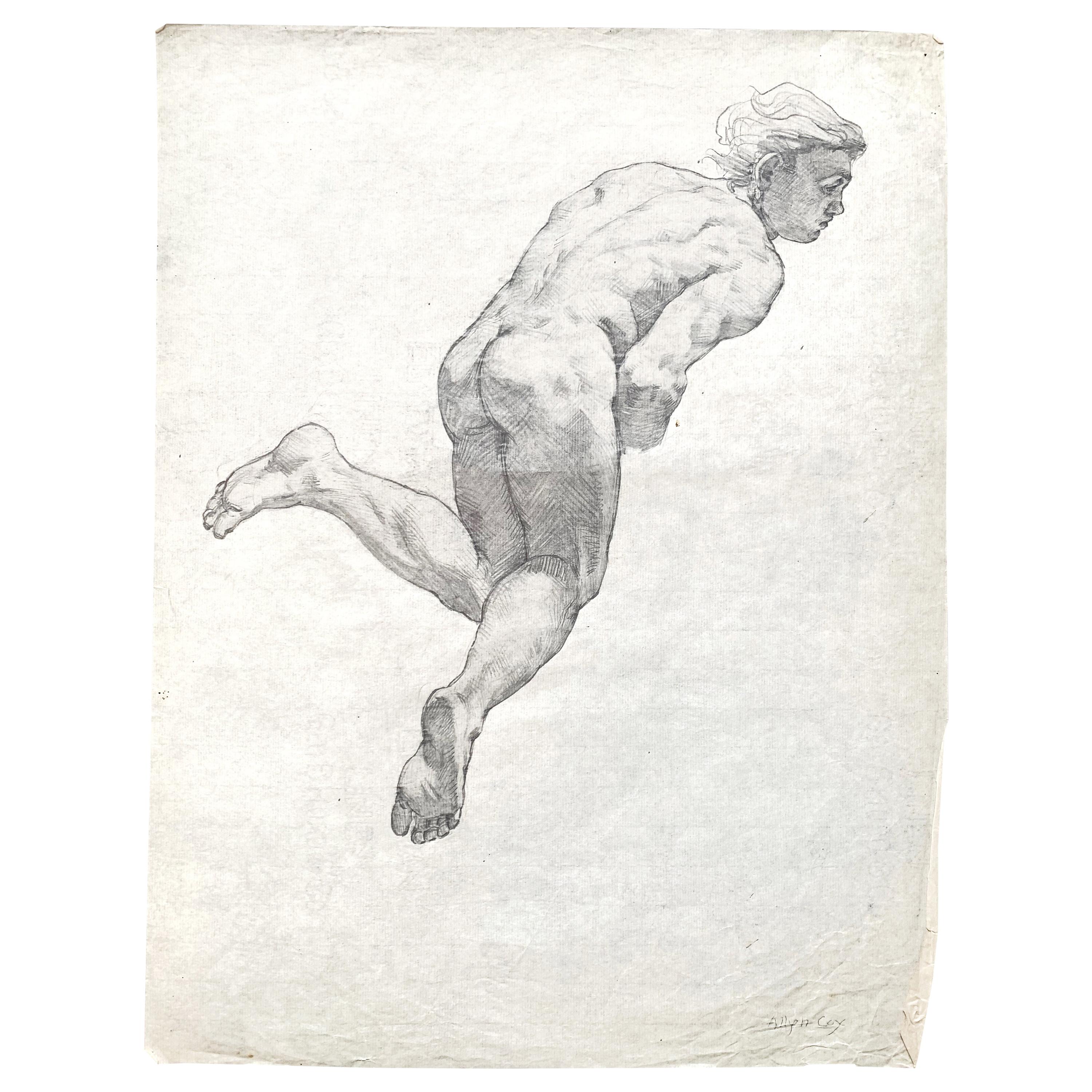 "Hombre flotante", estudio para mural en el techo con desnudo masculino de Allyn Cox, años 20