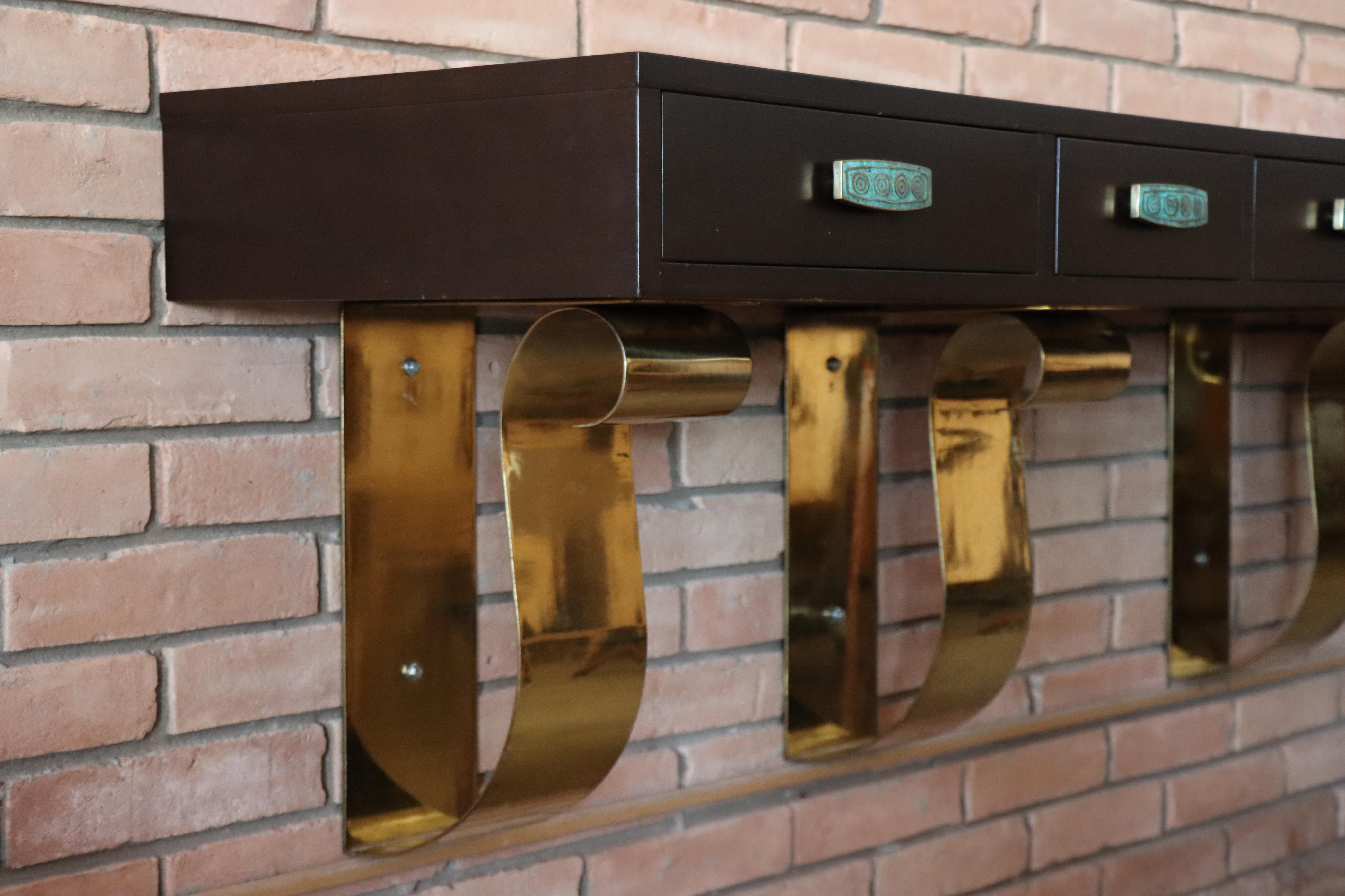 Mid-Century Modern Floating Mexican Console With Stone Inset and Pepe Mendoza Drawer Pulls   For Sale
