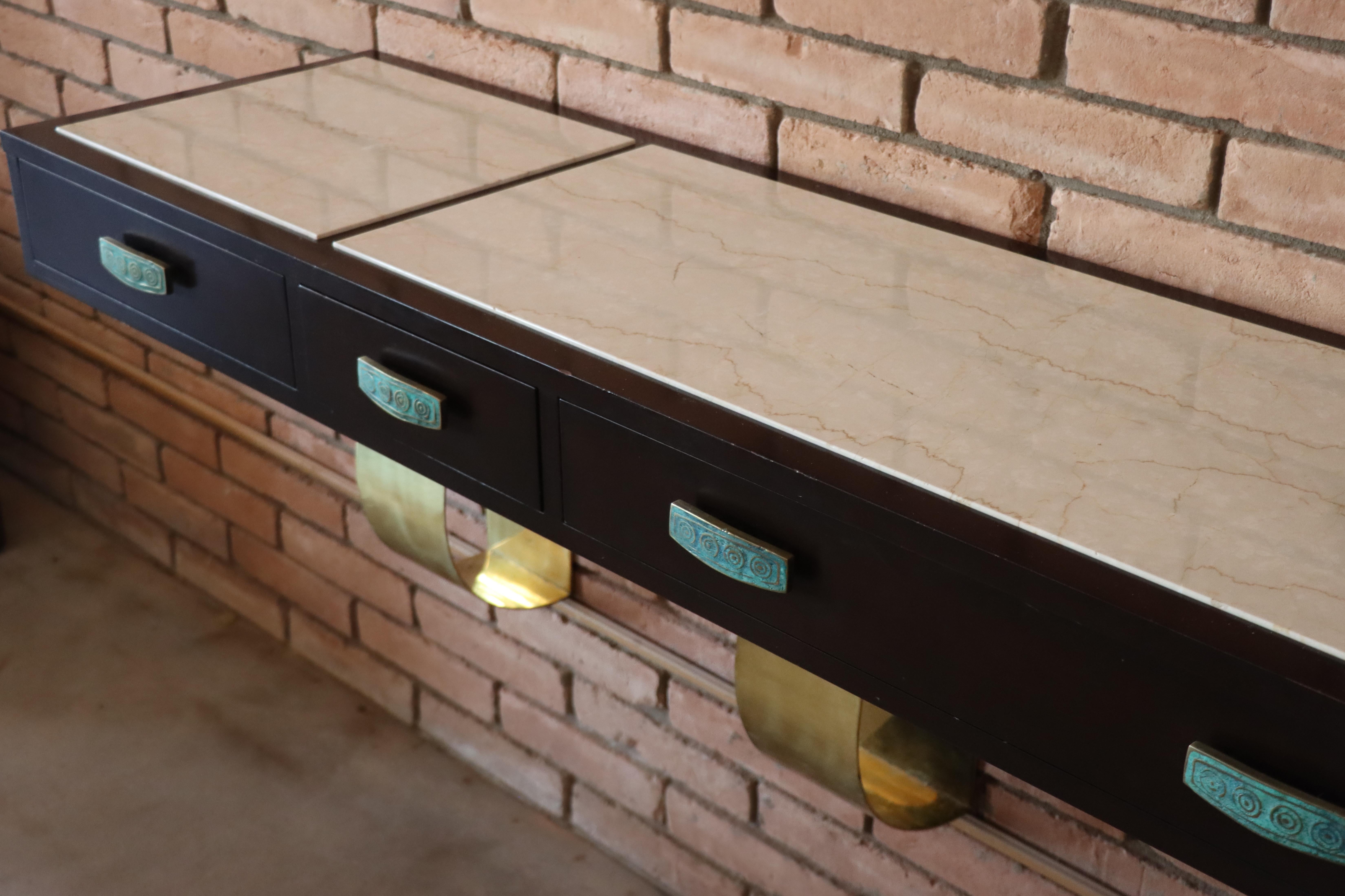 Brass Floating Mexican Console With Stone Inset and Pepe Mendoza Drawer Pulls   For Sale