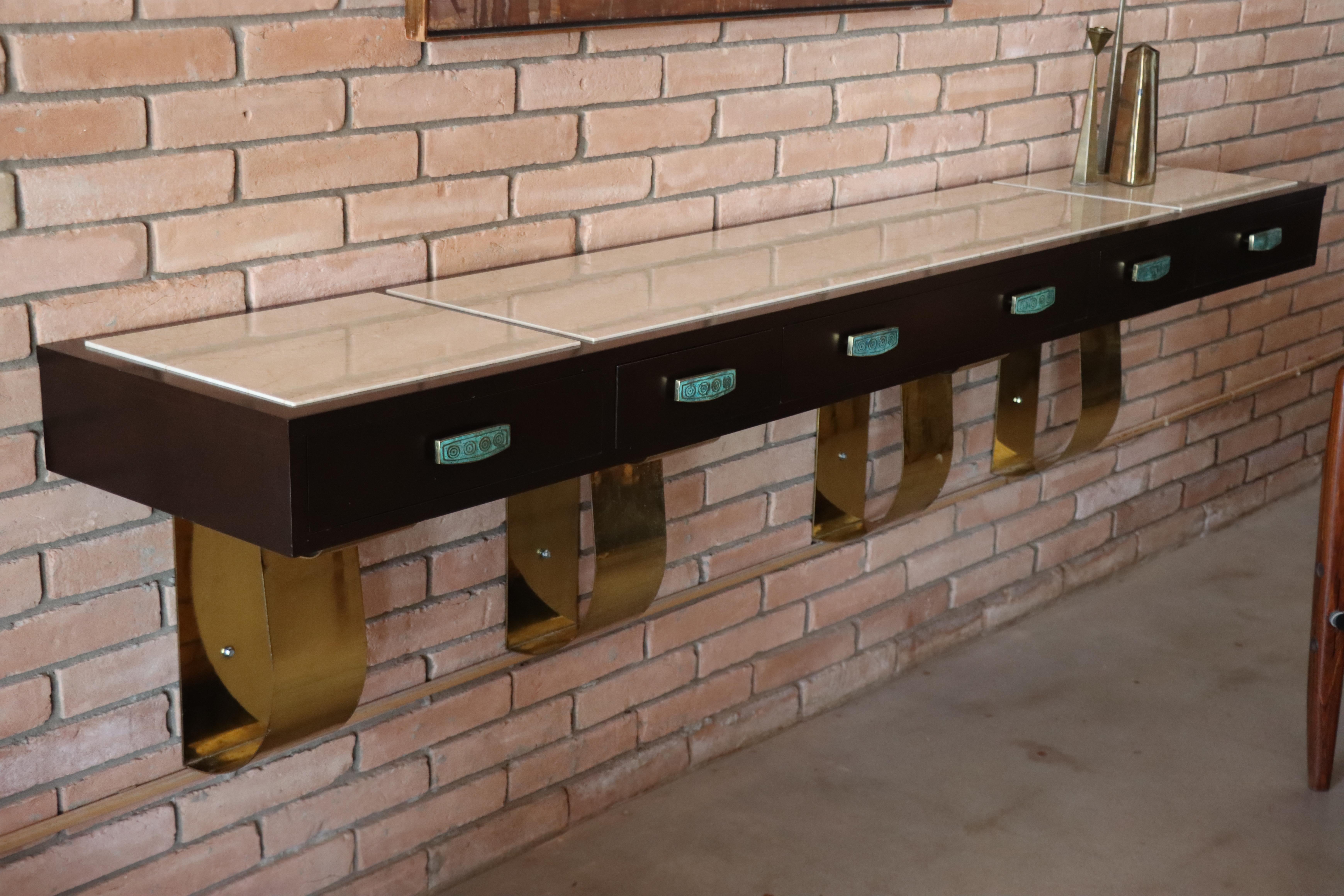 Floating Mexican Console With Stone Inset and Pepe Mendoza Drawer Pulls   For Sale 2