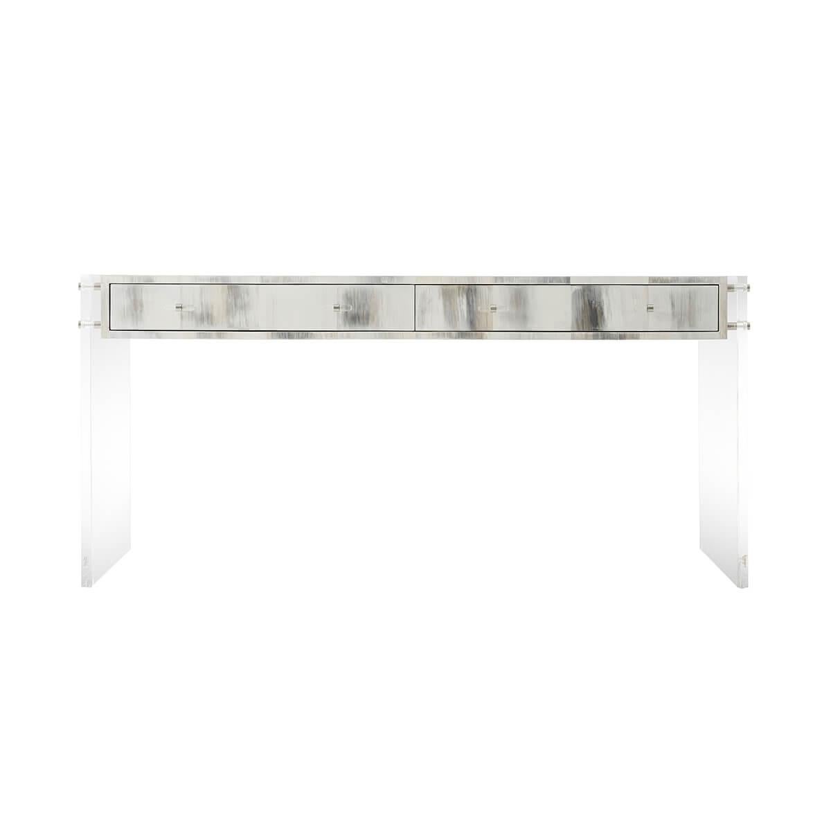 With a hand-painted faux horn tiled top with two frieze drawers. Acrylic baton pulls with stainless steel collars accent the acrylic end supports with stainless steel accents.

Dimensions: 65