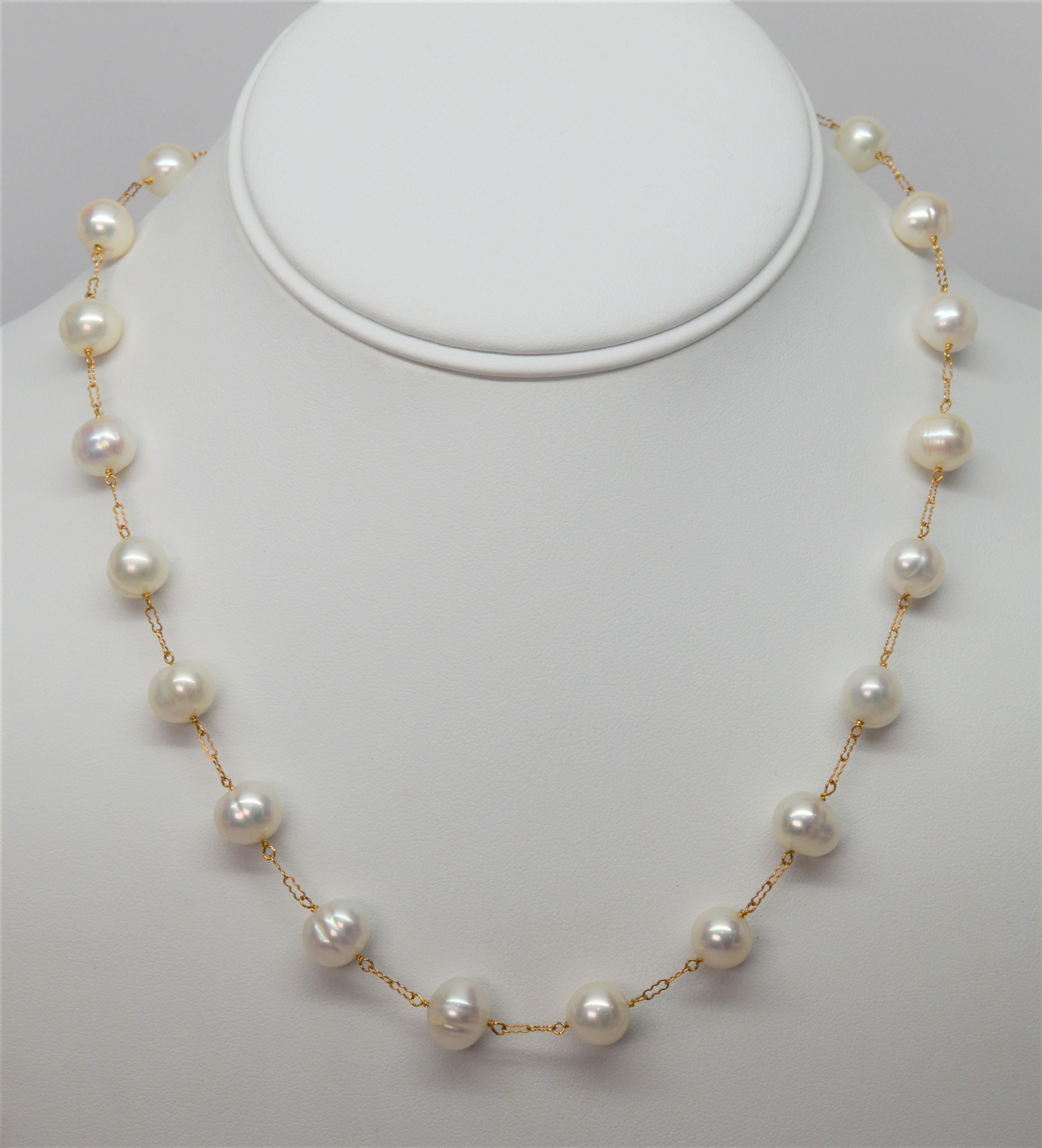 Floating Natural Ringed Pearl 14 Karat Yellow Gold Chain Necklace In New Condition In Mount Kisco, NY