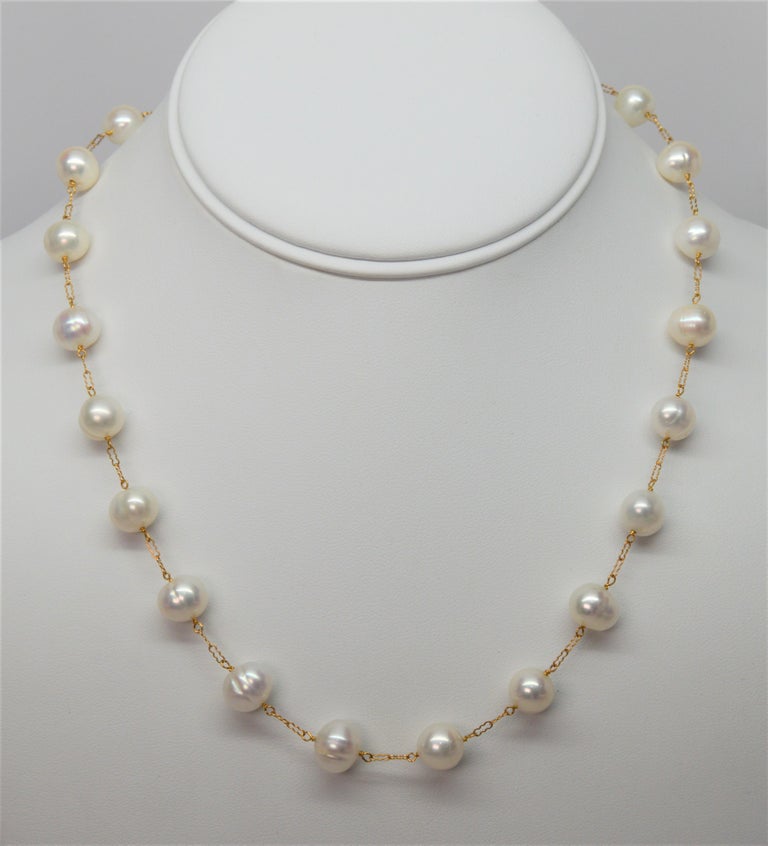 Floating Natural Ringed Pearl 14 Karat Yellow Gold Chain Necklace at