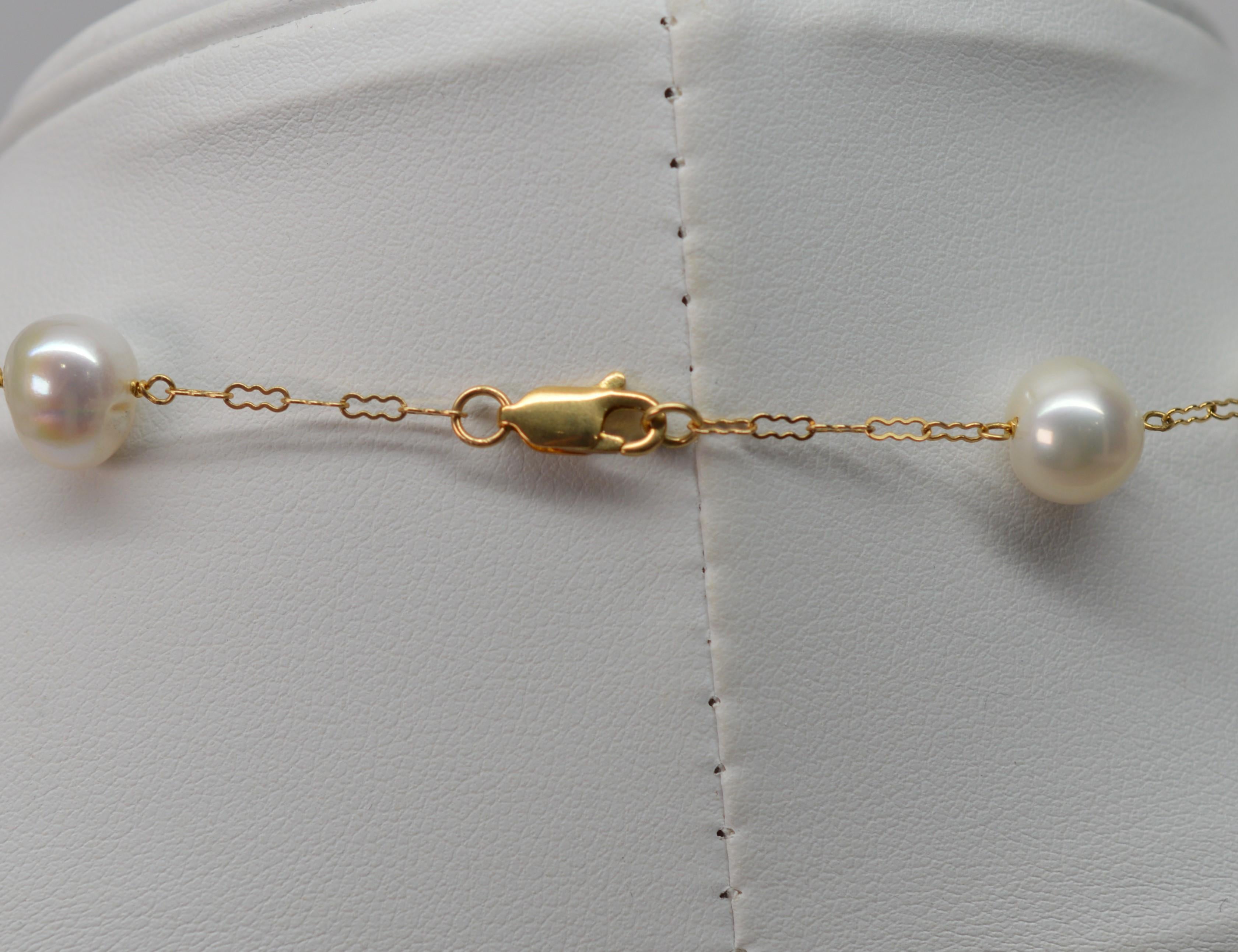 Women's Floating Natural Ringed Pearl 14 Karat Yellow Gold Chain Necklace