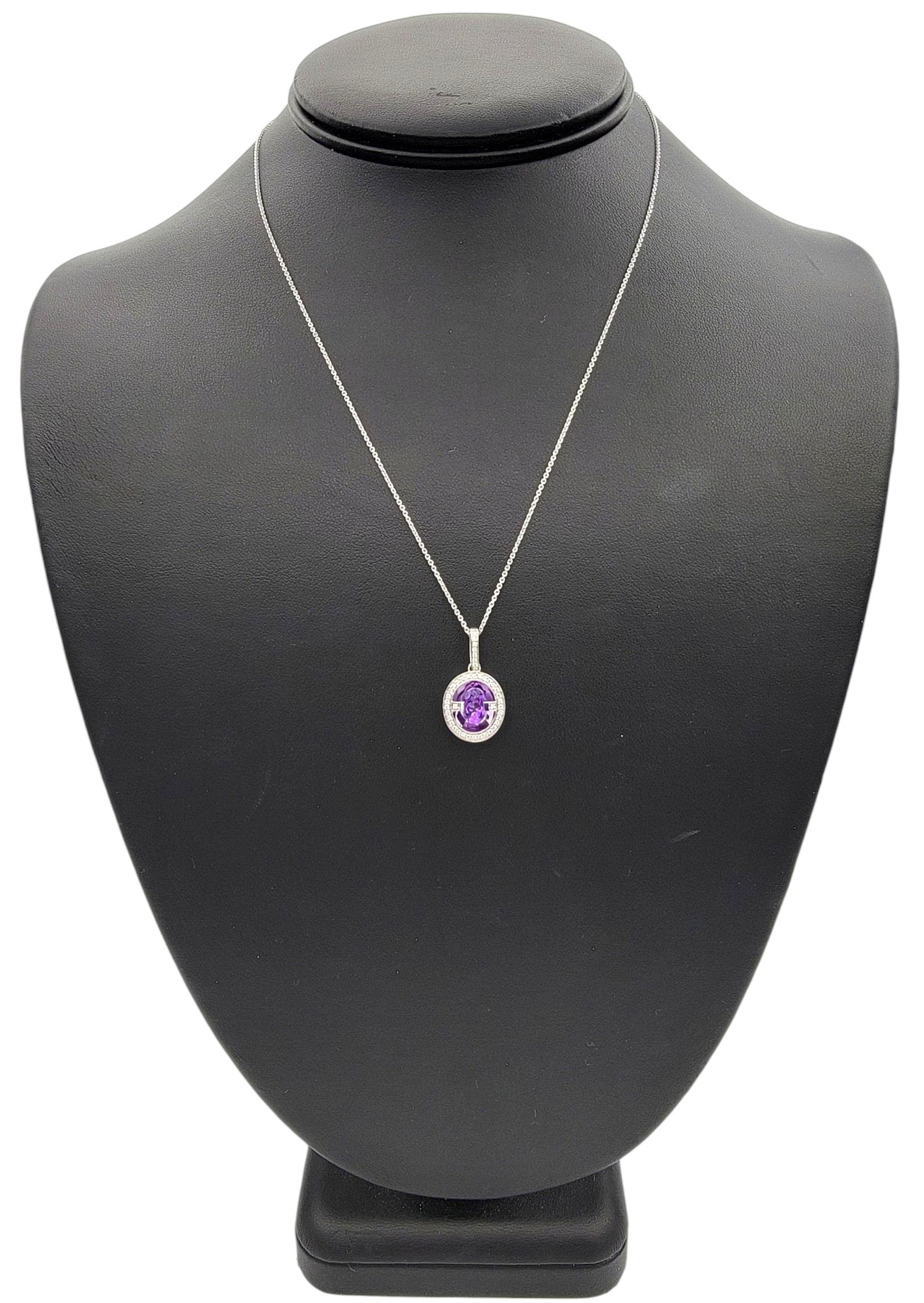 Floating Oval Amethyst and Diamond Pendant Necklace Set in 14 Karat White Gold For Sale 4