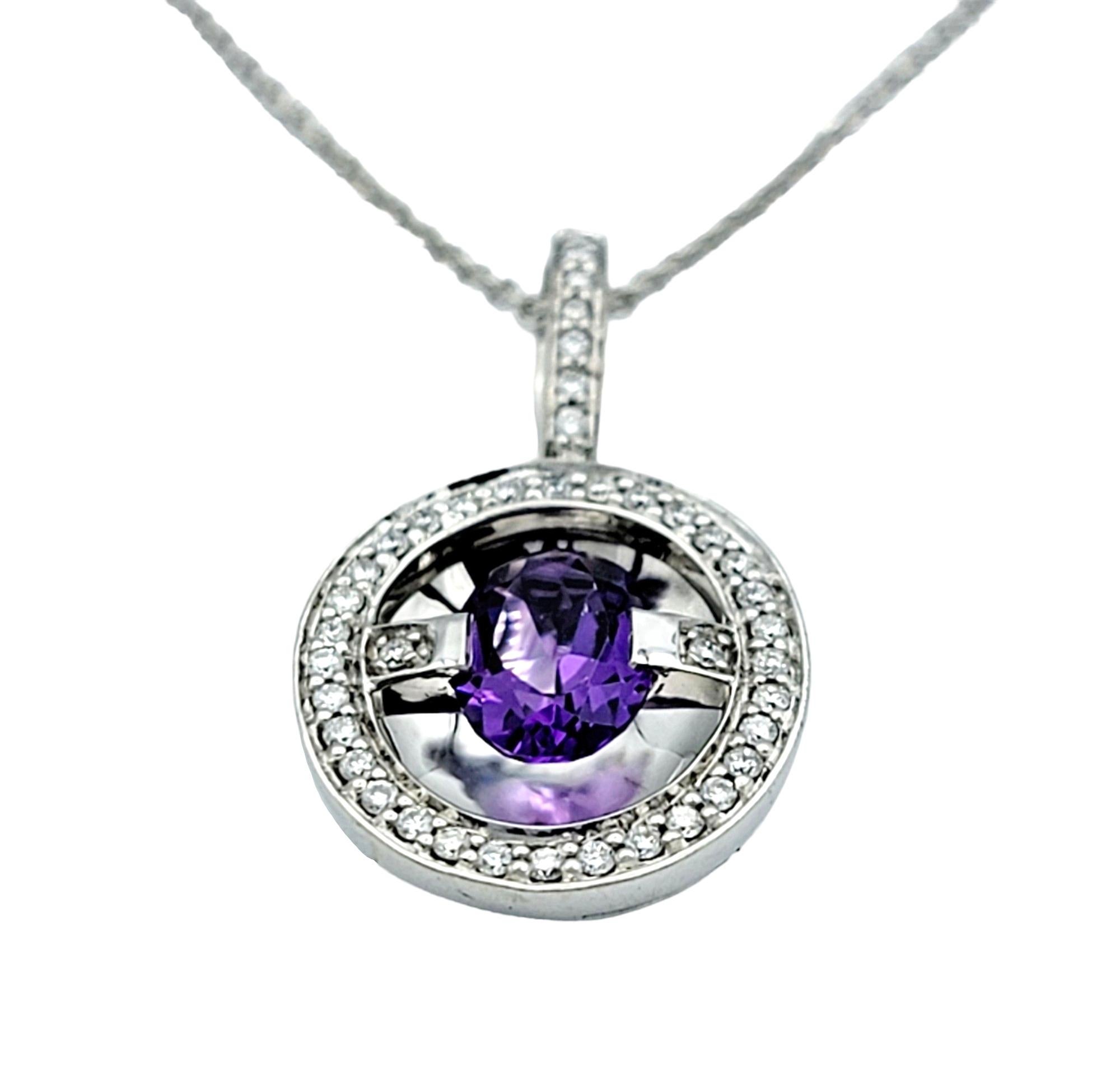 Oval Cut Floating Oval Amethyst and Diamond Pendant Necklace Set in 14 Karat White Gold For Sale