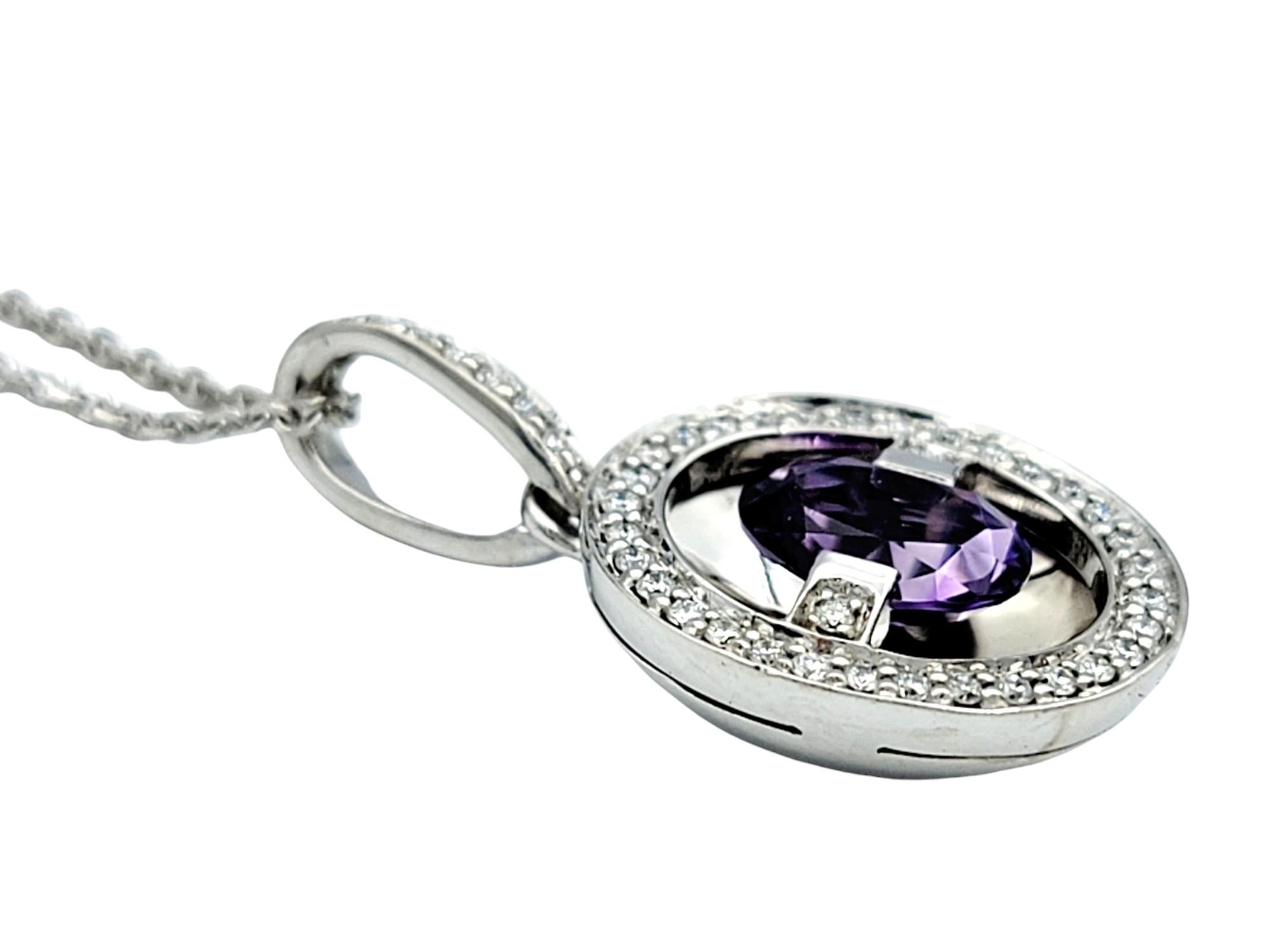 Floating Oval Amethyst and Diamond Pendant Necklace Set in 14 Karat White Gold In Good Condition For Sale In Scottsdale, AZ