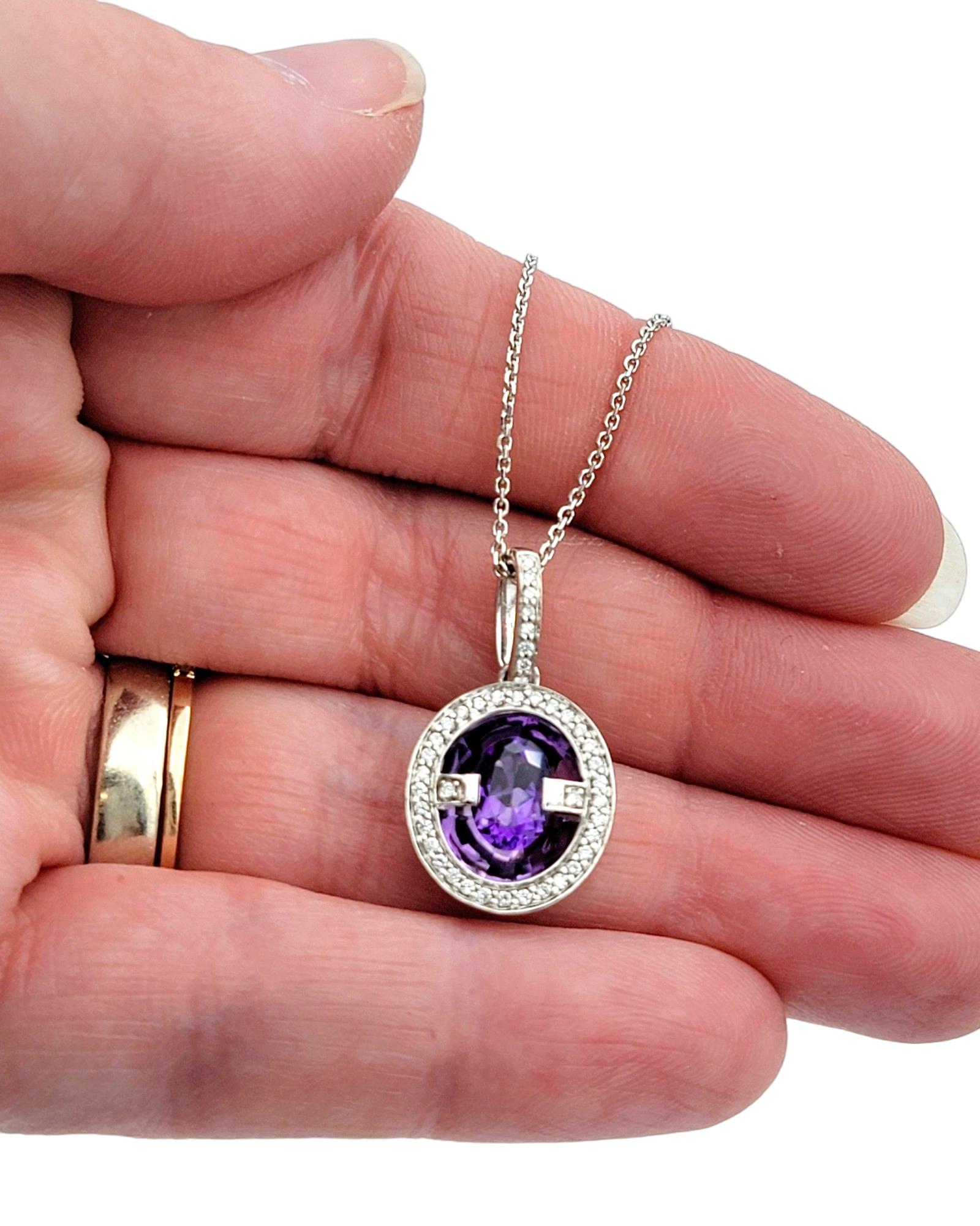 Floating Oval Amethyst and Diamond Pendant Necklace Set in 14 Karat White Gold For Sale 3