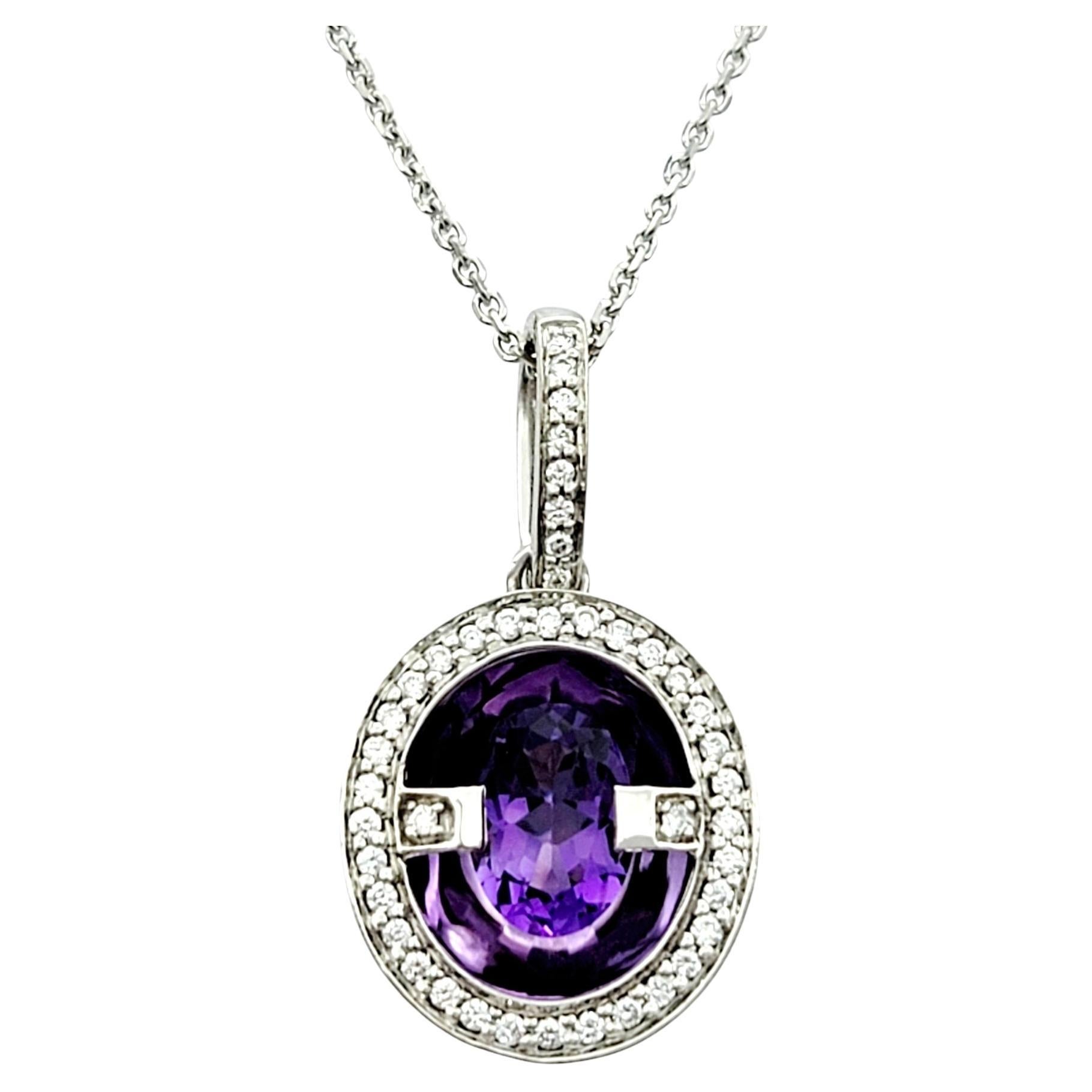 Floating Oval Amethyst and Diamond Pendant Necklace Set in 14 Karat White Gold For Sale