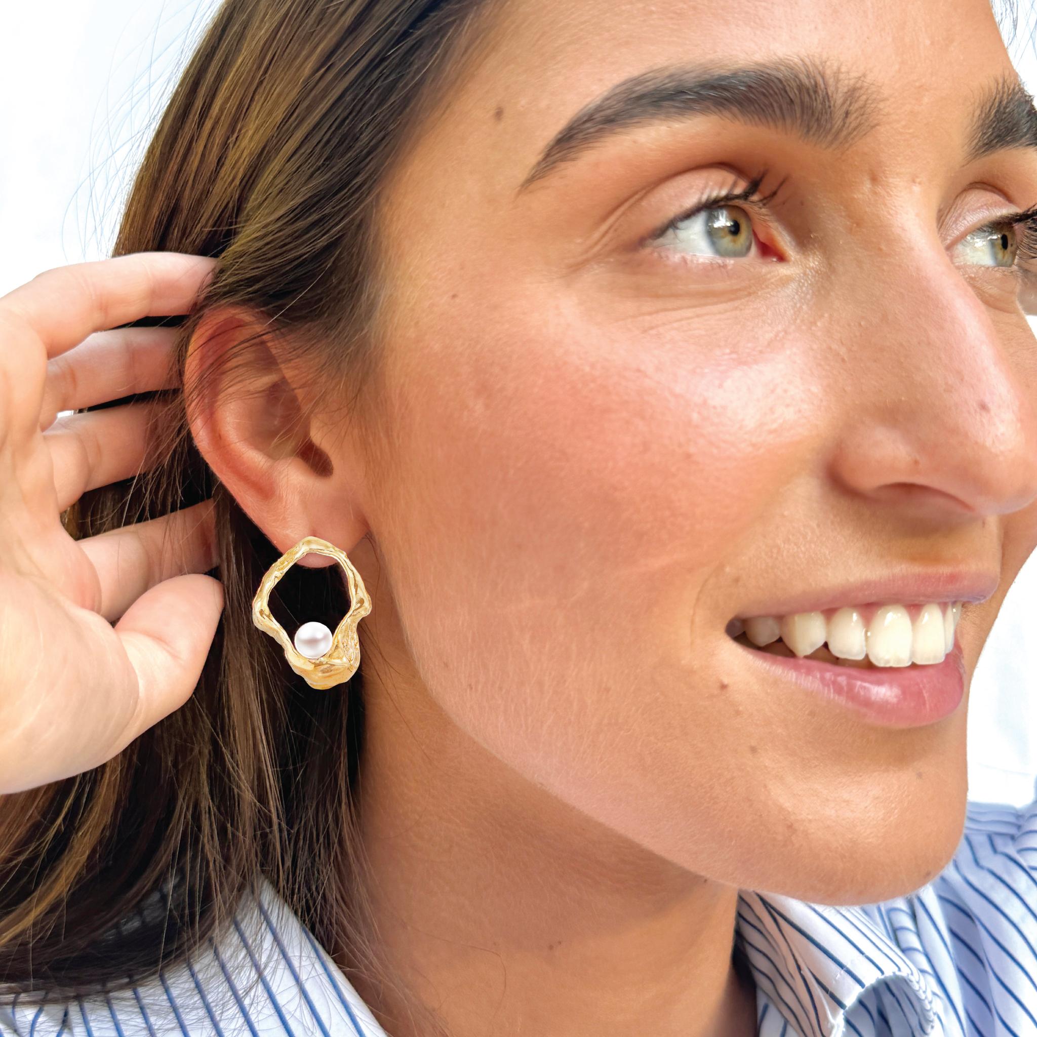 Modern Floating Pearl 14k Gold Earrings For Sale