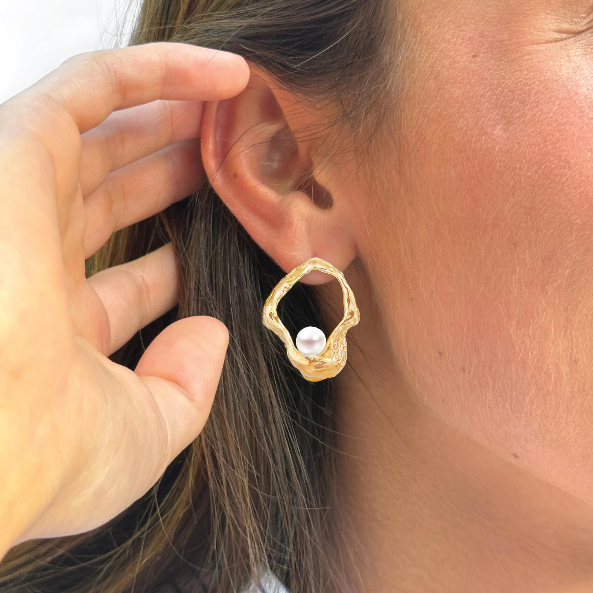 Uncut Floating Pearl 14k Gold Earrings For Sale
