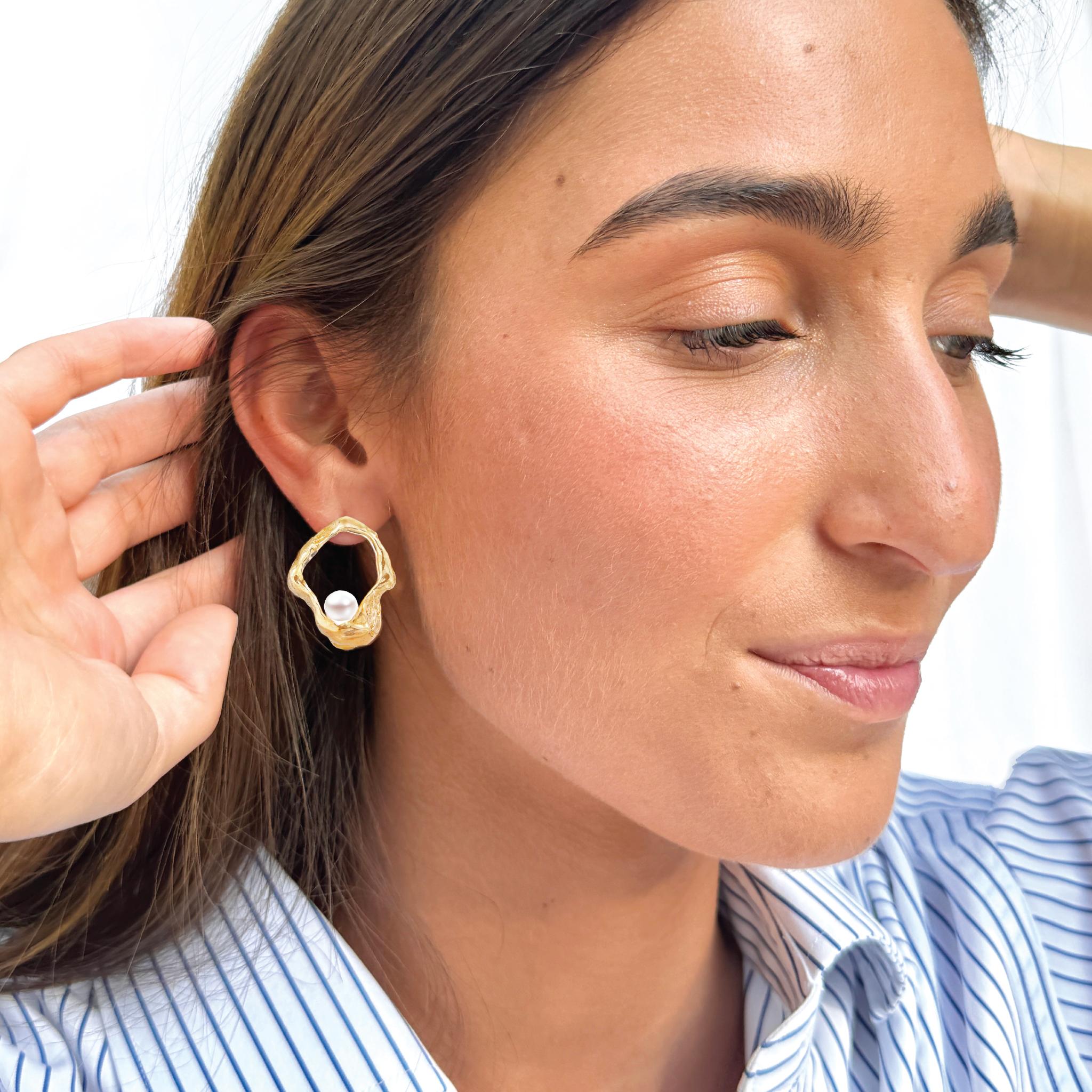Women's Floating Pearl 14k Gold Earrings For Sale
