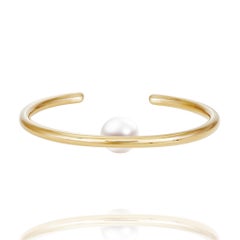 Floating Pearl Surrealist 14k Gold Cuff Bracelet Statement Piece