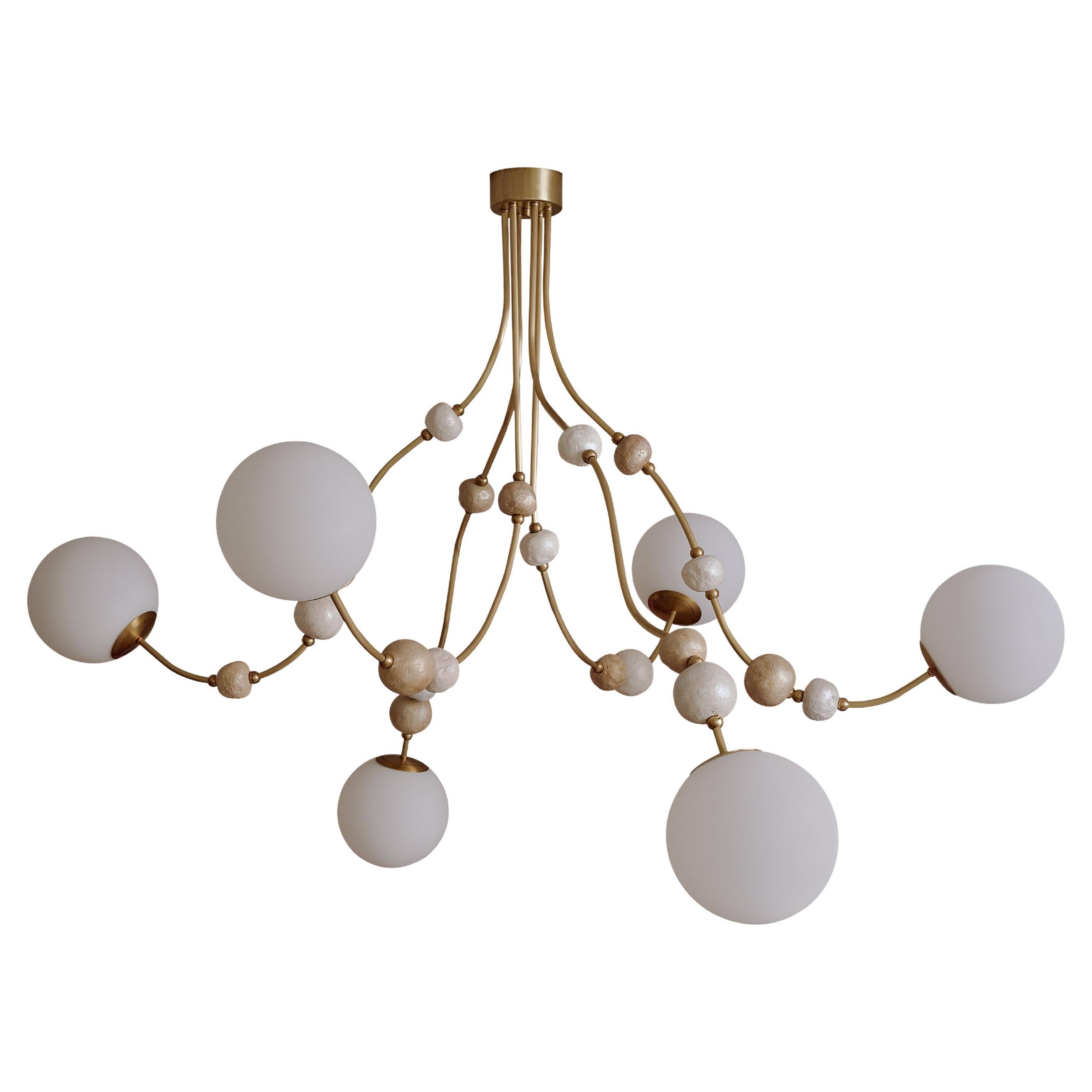 'Floating Pearls' Contemporary Modern Chandelier, White & Brass