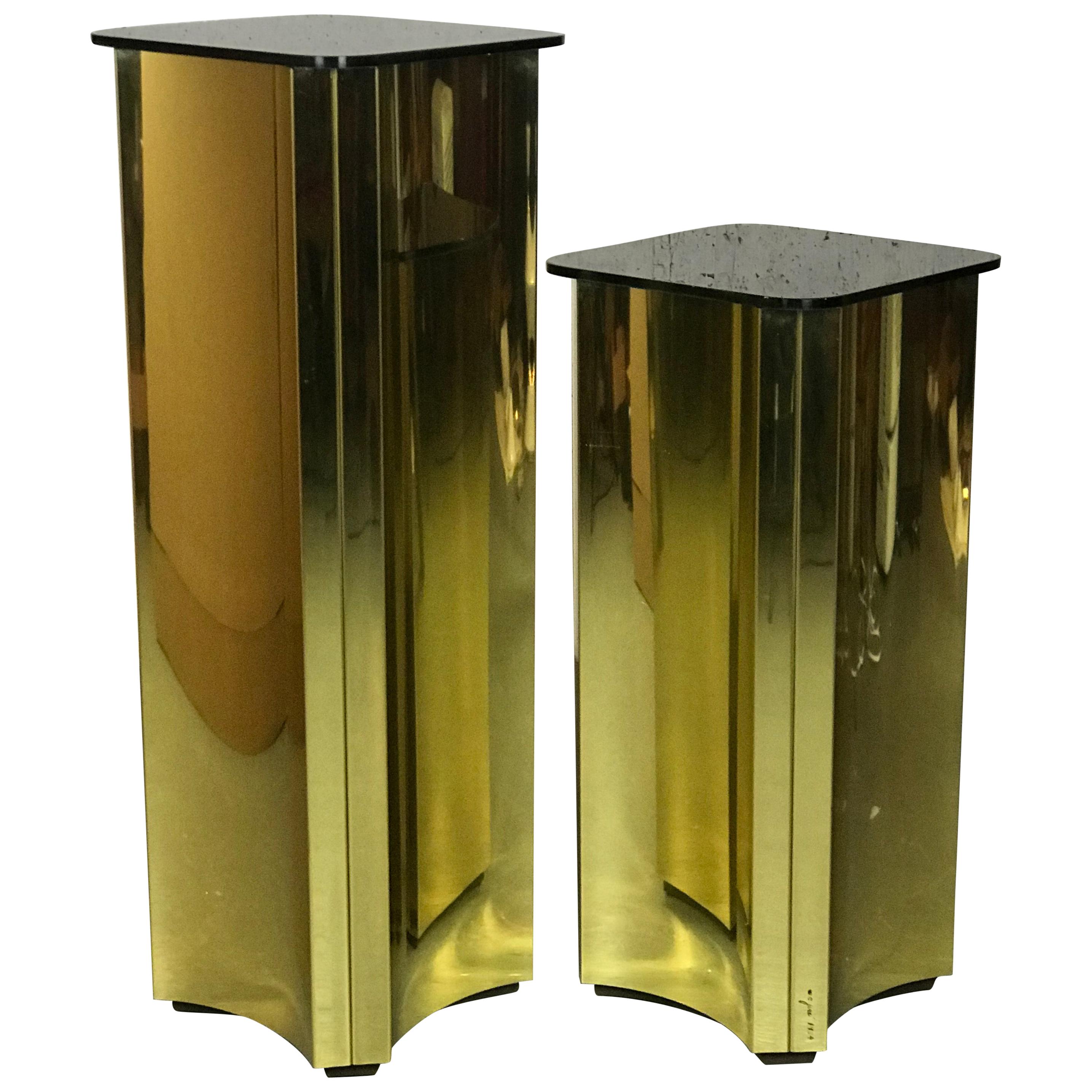Floating Pedestals in Brass and Smoked Glass by Curtis Jere Signed For Sale