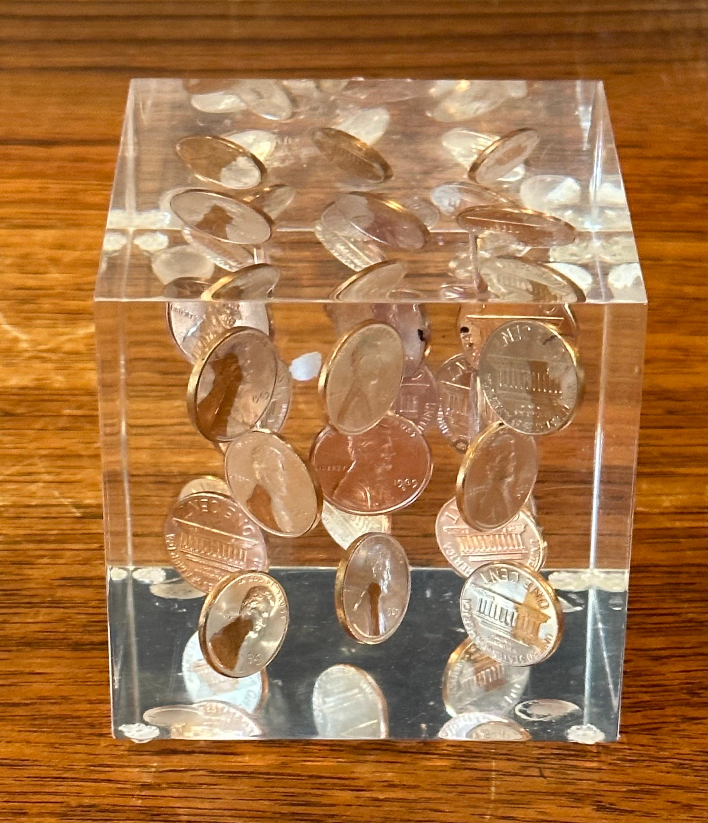 Mid-Century Modern Floating Pennies in Lucite Cube Paperweight in the Style of William Rolfe