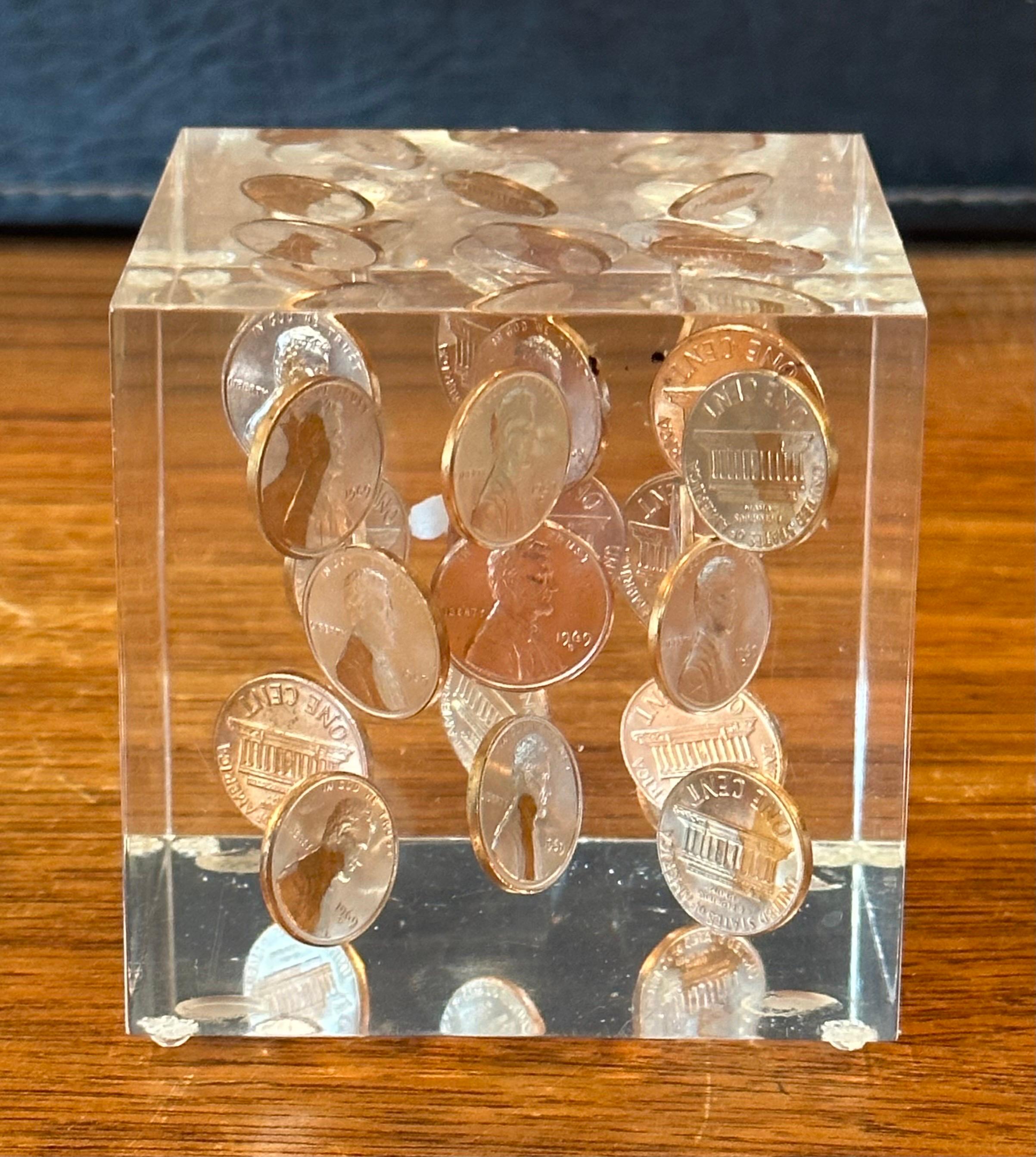 American Floating Pennies in Lucite Cube Paperweight in the Style of William Rolfe