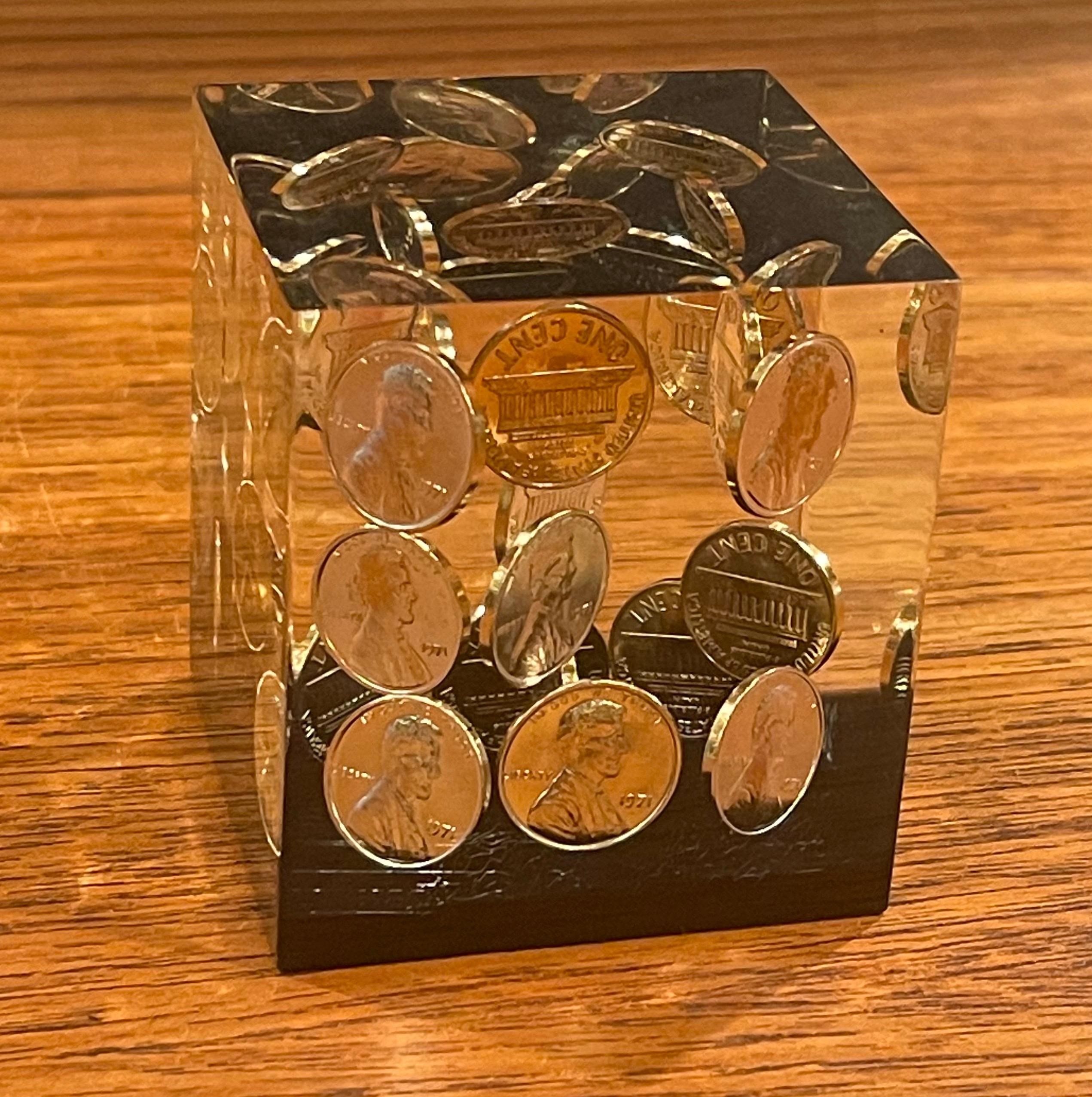 Mid-Century Modern Floating Pennies in Lucite Cube Paperweight in the Style of William Rolfe For Sale