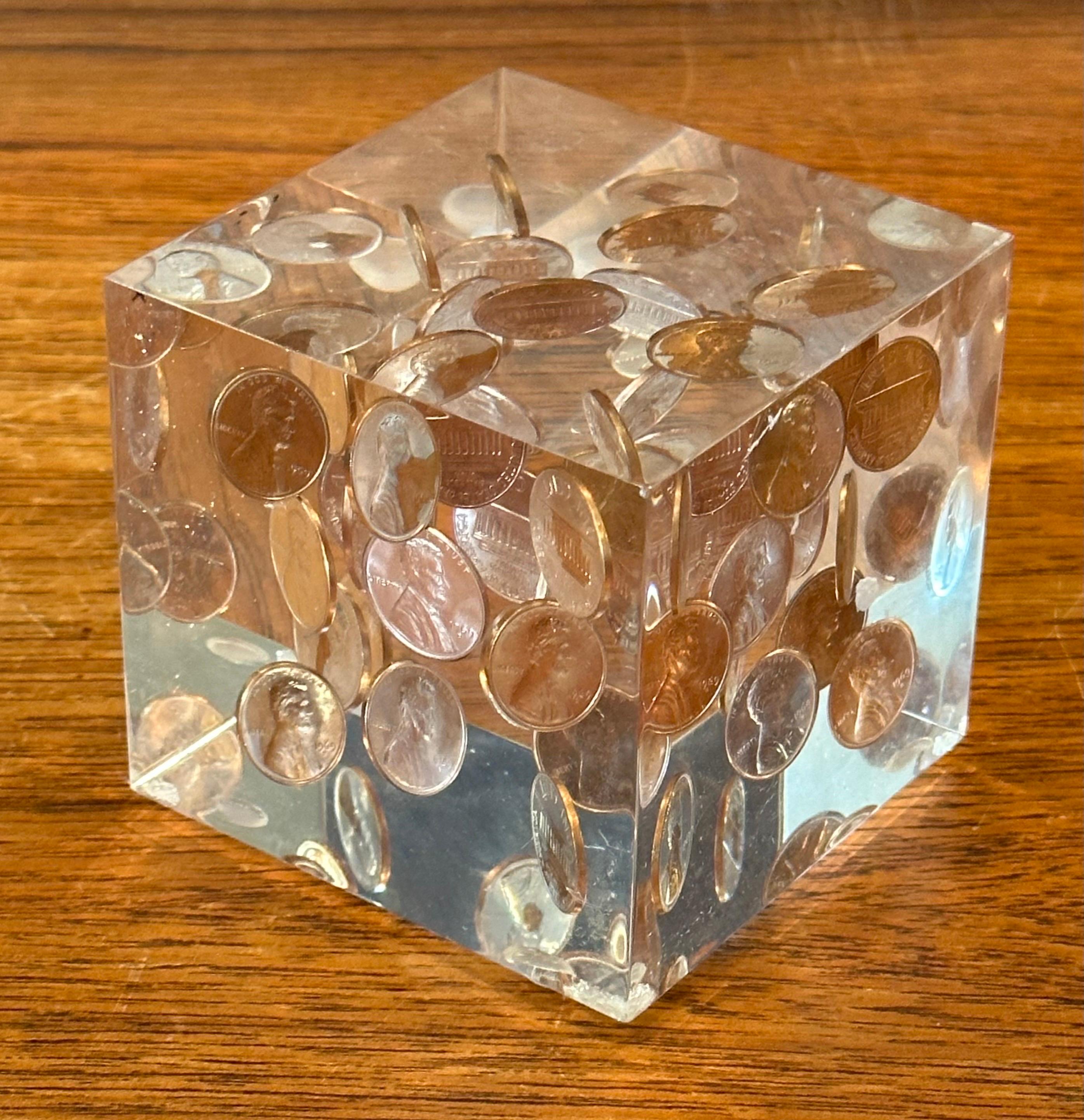 20th Century Floating Pennies in Lucite Cube Paperweight in the Style of William Rolfe