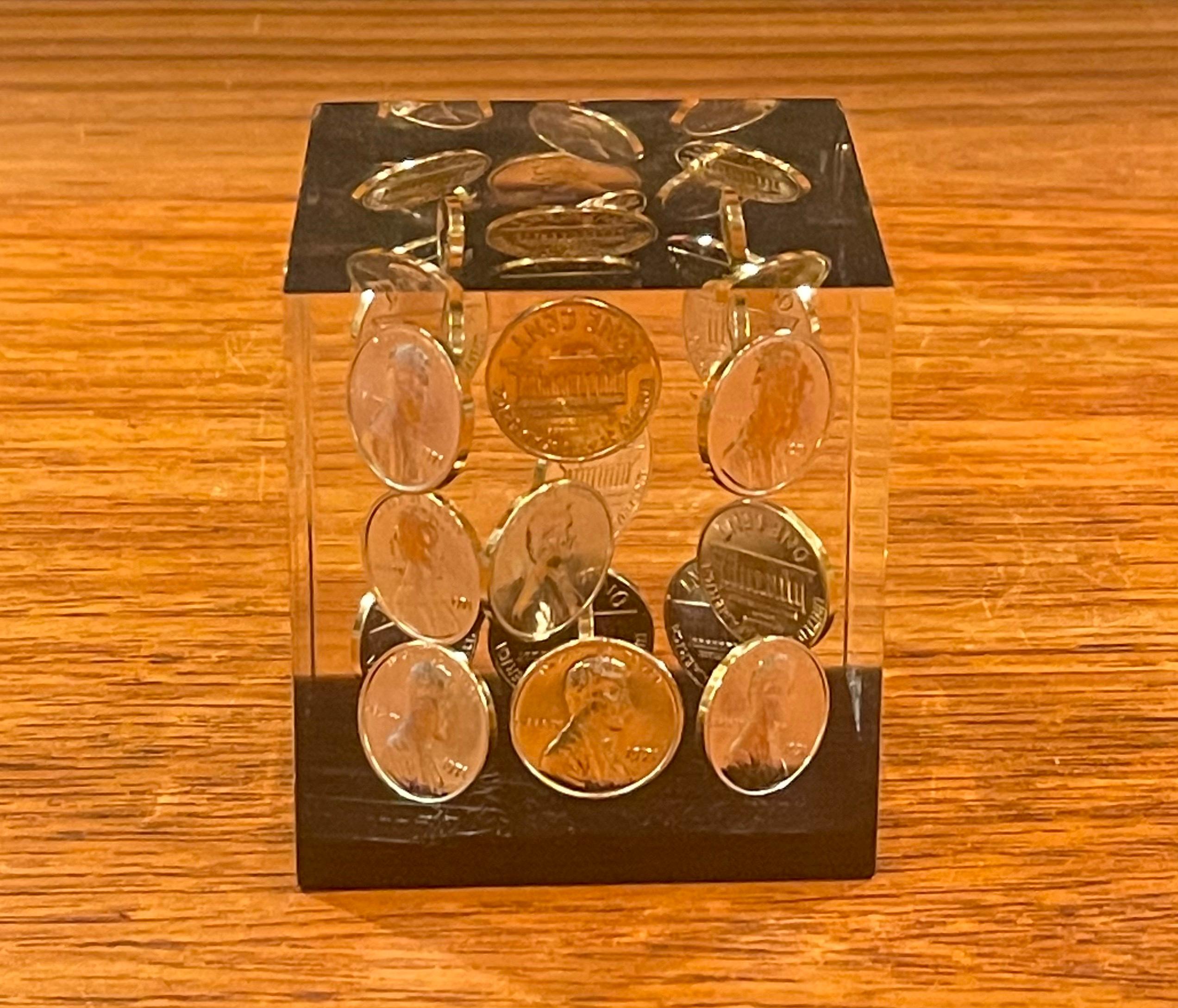 Canadian Floating Pennies in Lucite Cube Paperweight in the Style of William Rolfe For Sale
