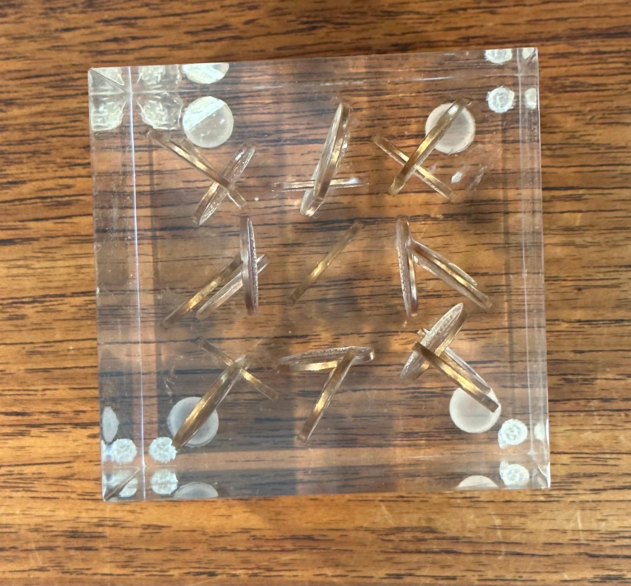 Floating Pennies in Lucite Cube Paperweight in the Style of William Rolfe 1
