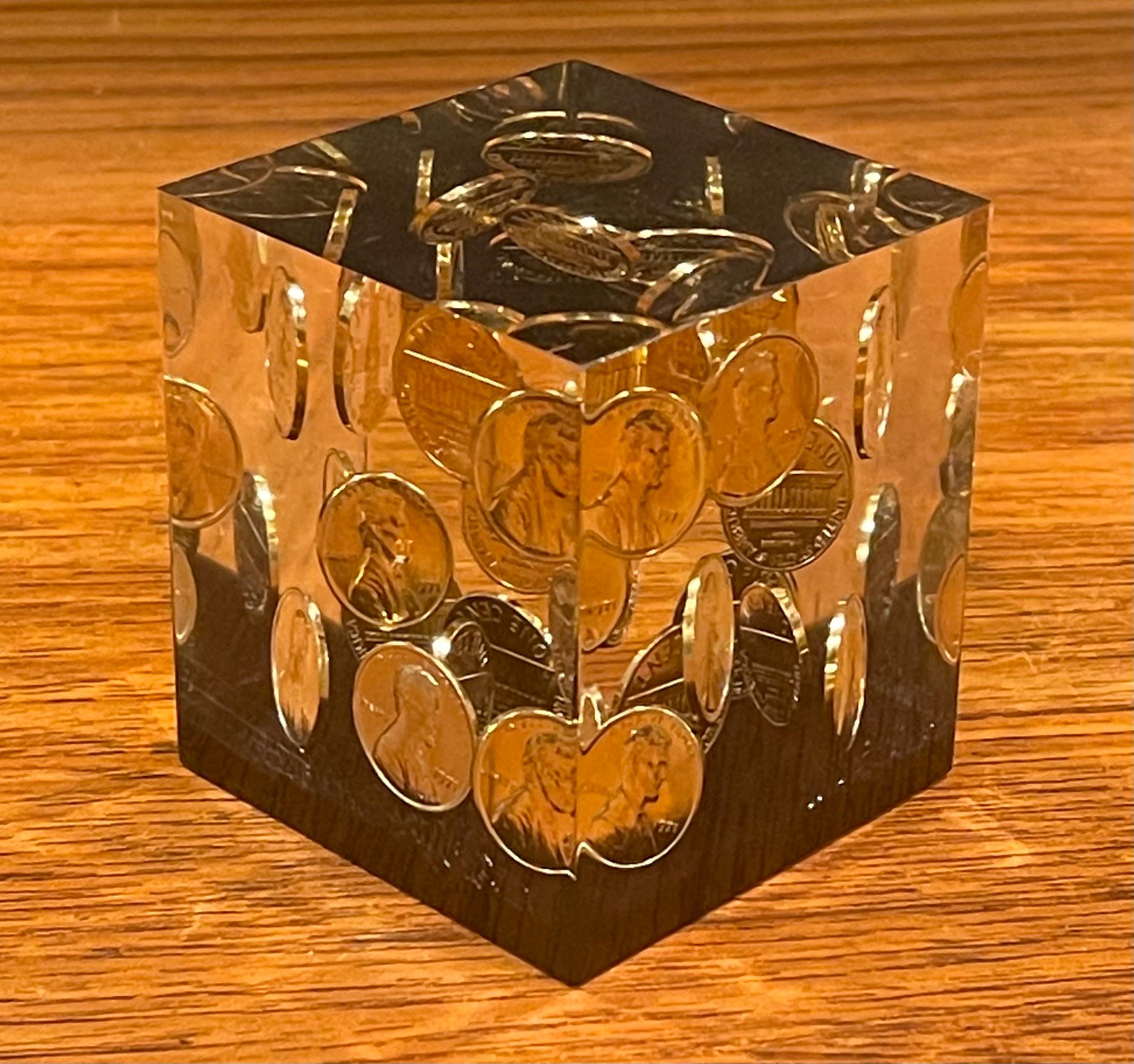 20th Century Floating Pennies in Lucite Cube Paperweight in the Style of William Rolfe For Sale