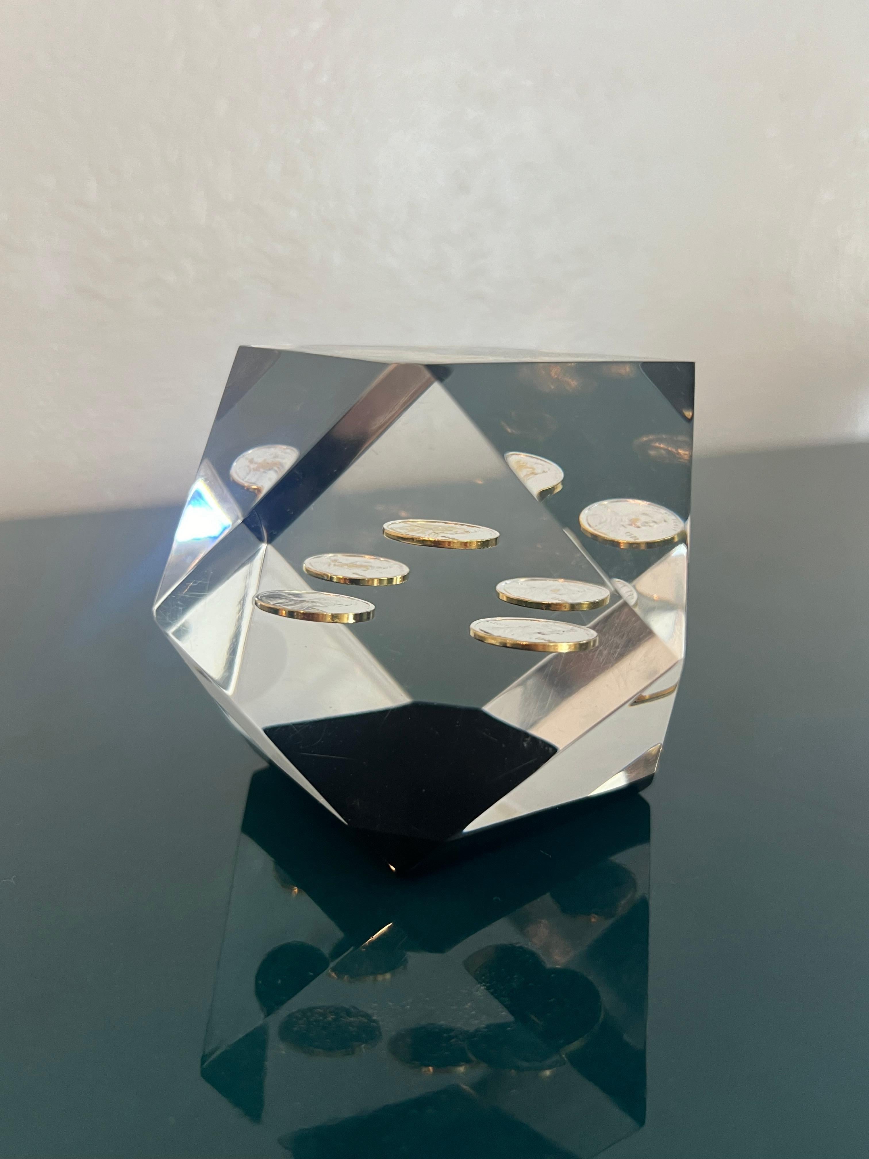 Mid-Century Modern Floating Penny Geometric Lucite Paperweight  For Sale