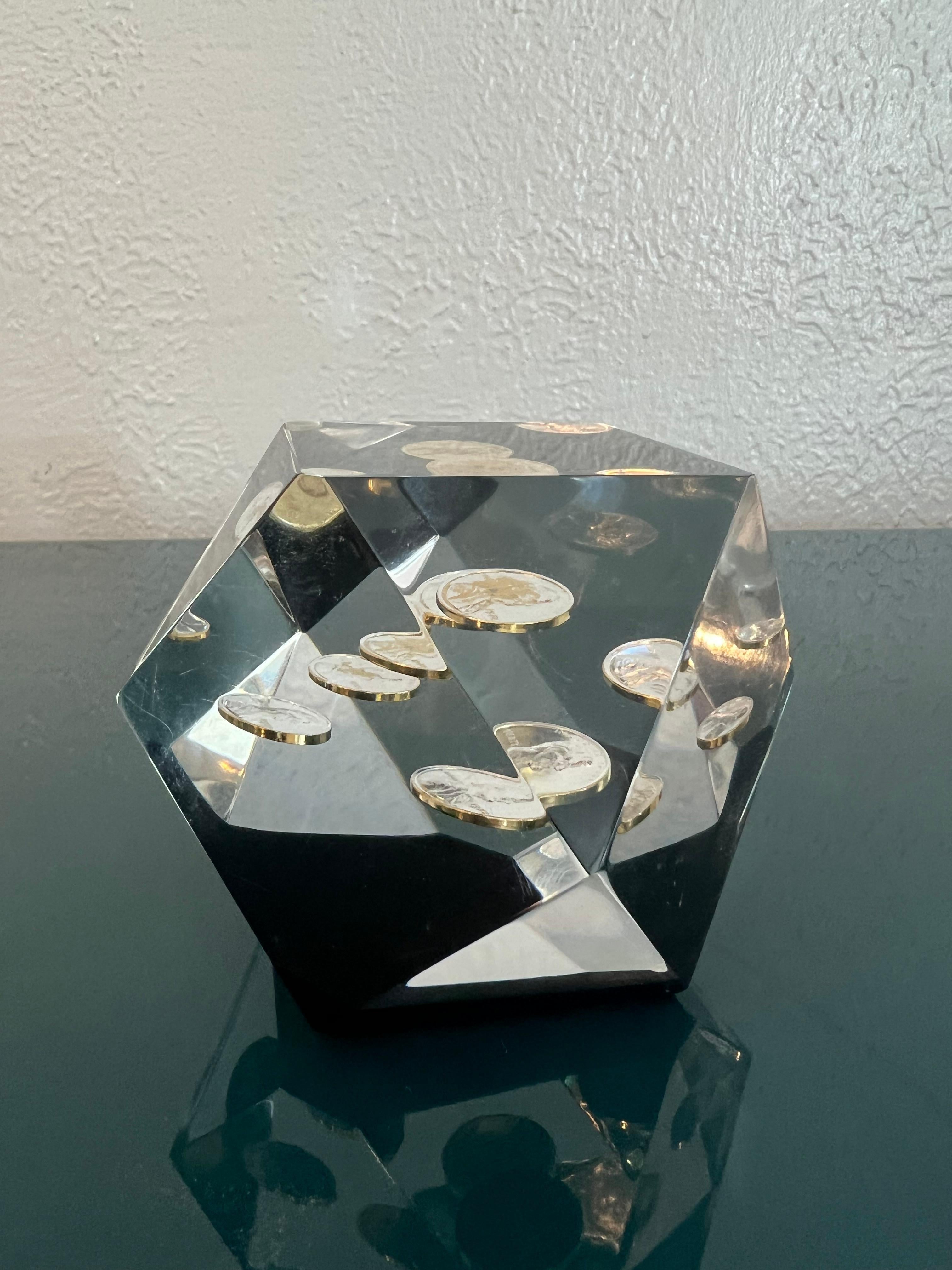 Unknown Floating Penny Geometric Lucite Paperweight  For Sale