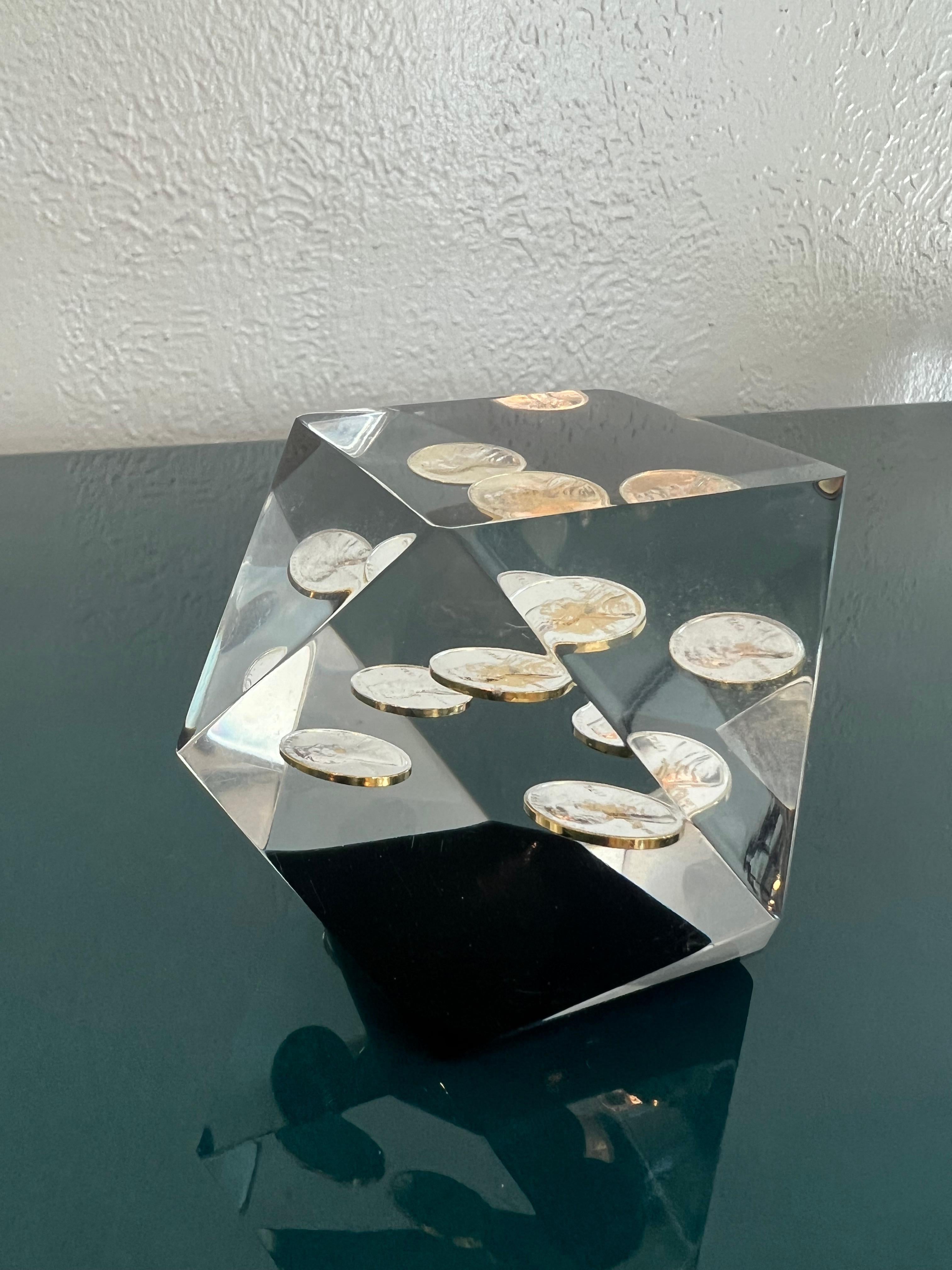 Floating Penny Geometric Lucite Paperweight  In Good Condition For Sale In West Palm Beach, FL