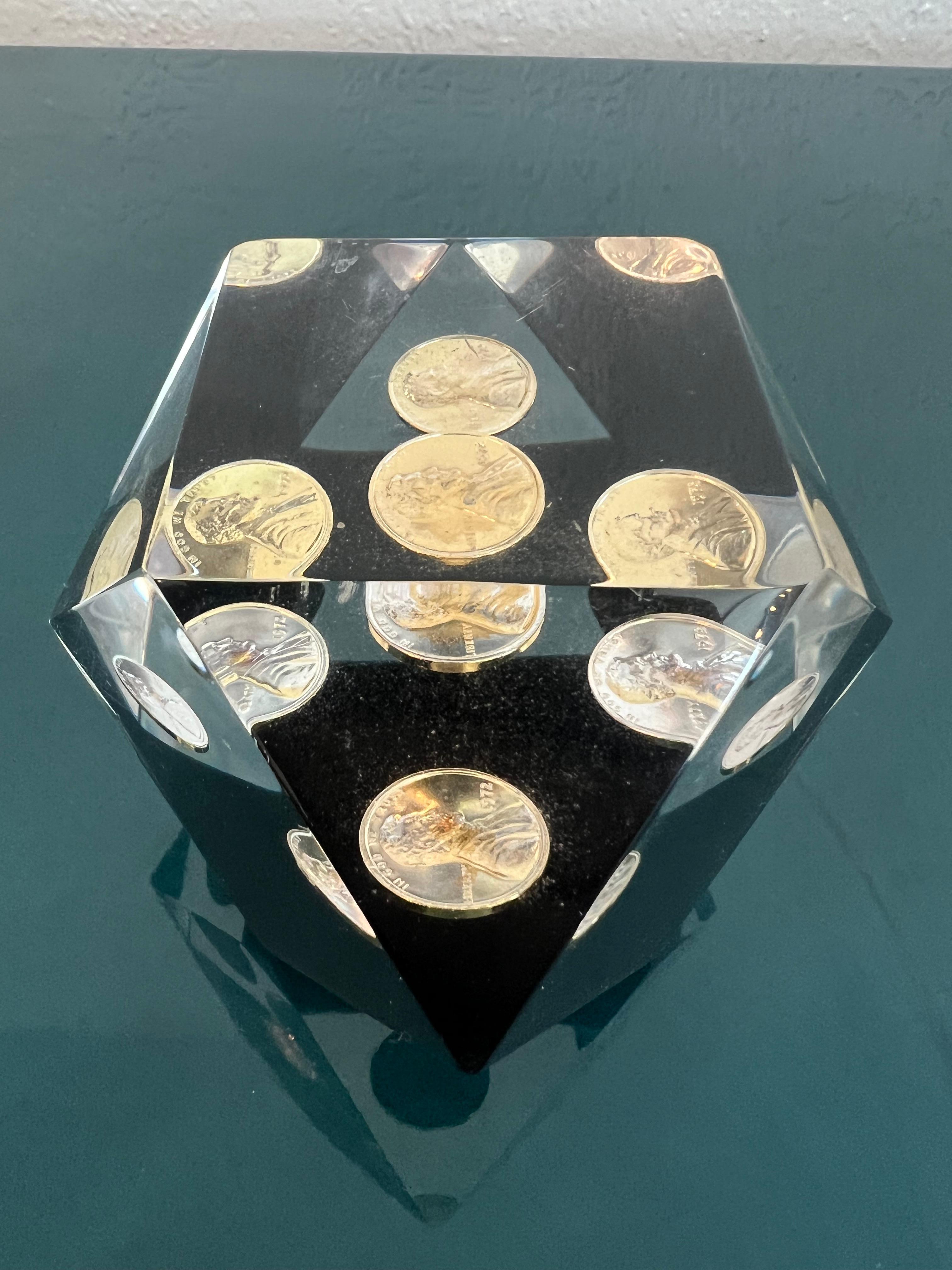Late 20th Century Floating Penny Geometric Lucite Paperweight  For Sale