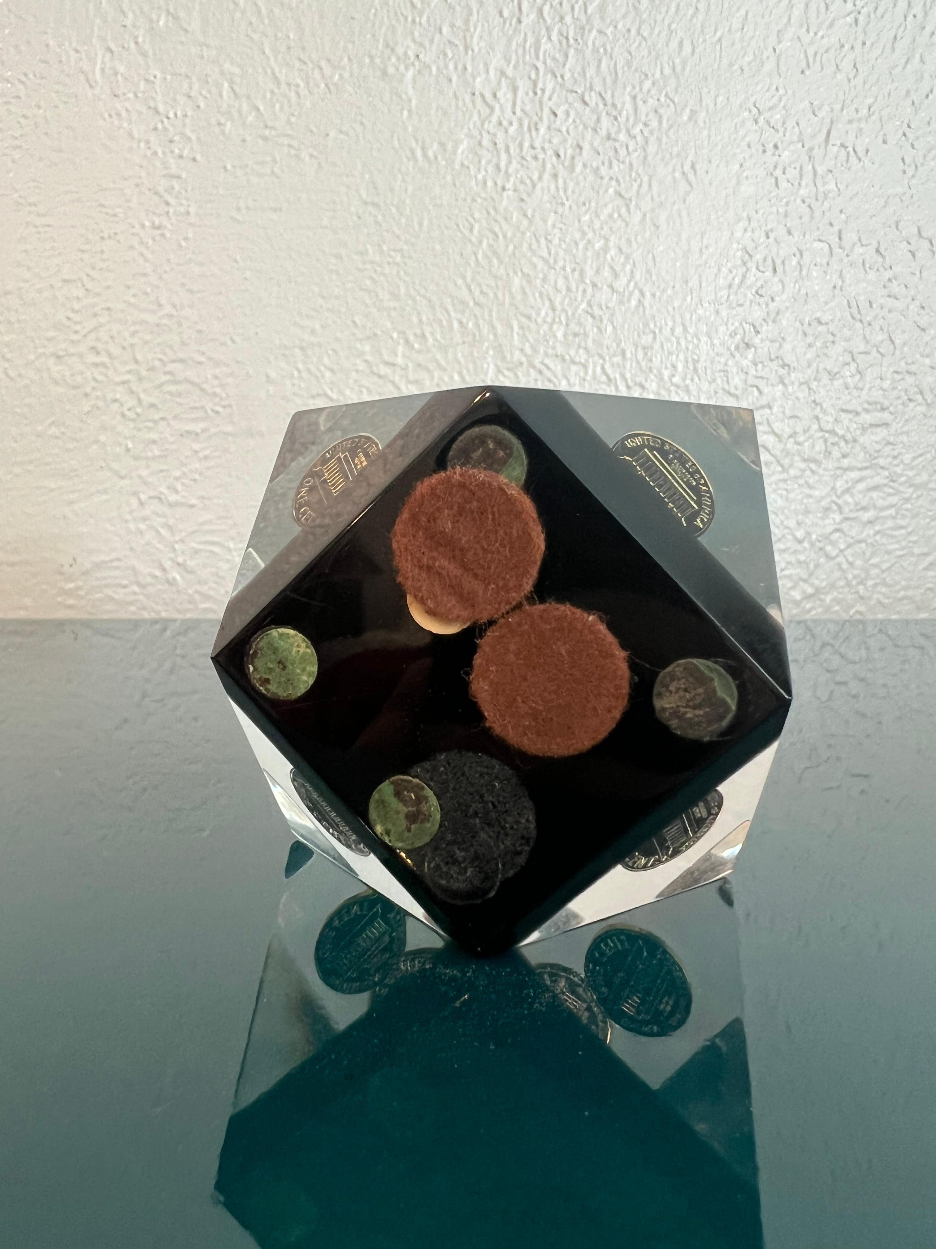 Floating Penny Geometric Lucite Paperweight  For Sale 1