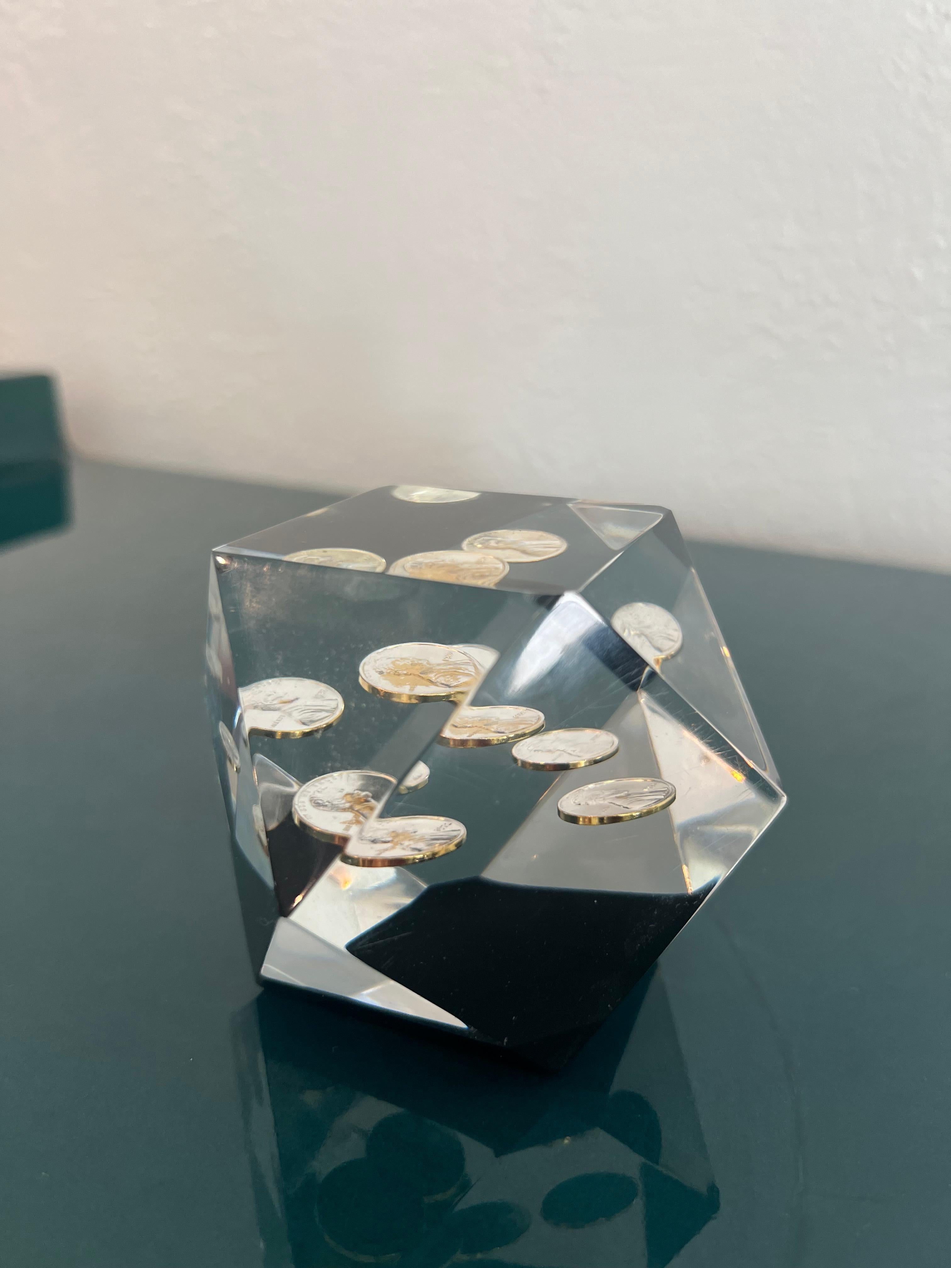 Floating Penny Geometric Lucite Paperweight  For Sale 2
