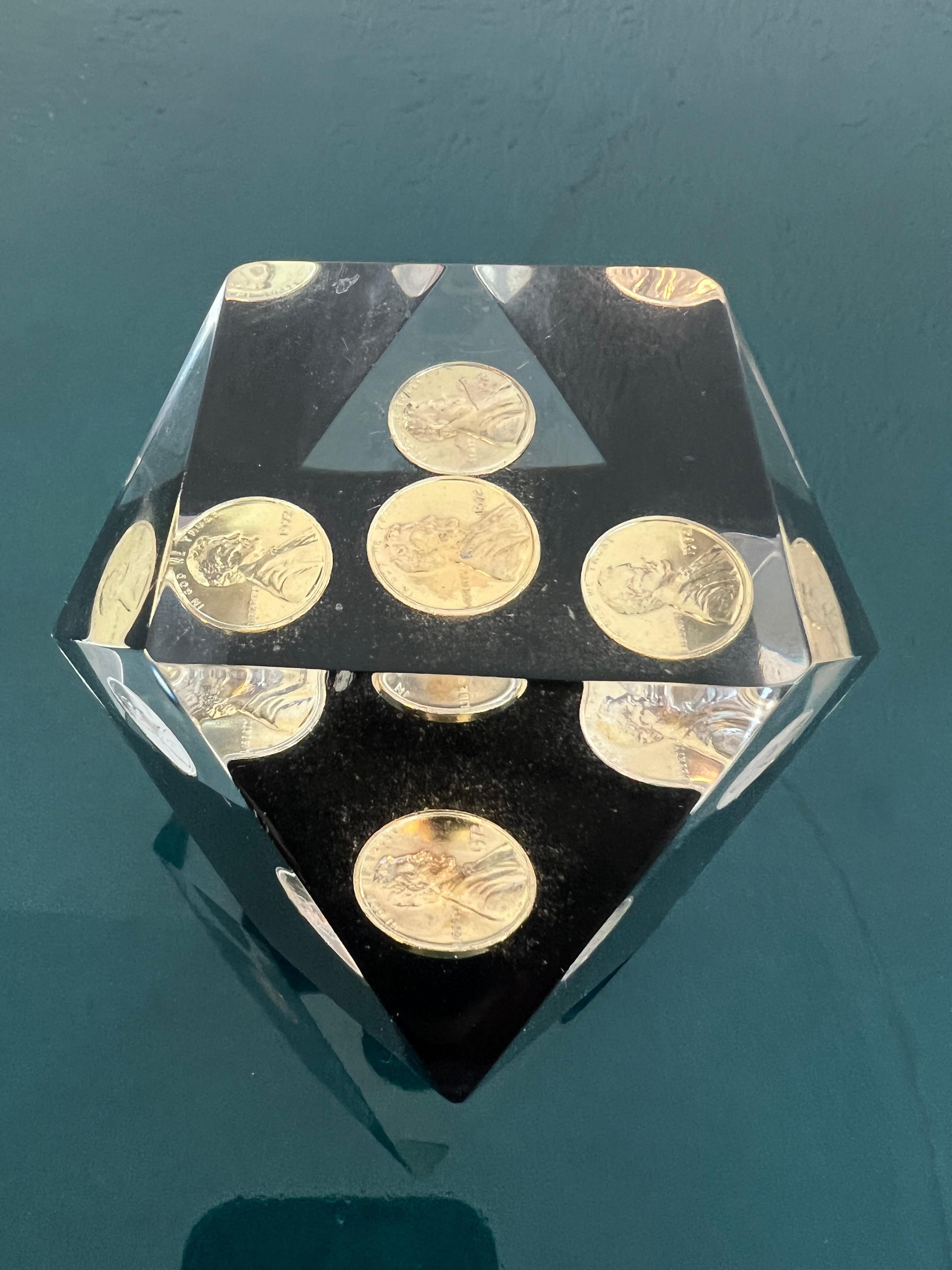 Floating Penny Geometric Lucite Paperweight  For Sale 3